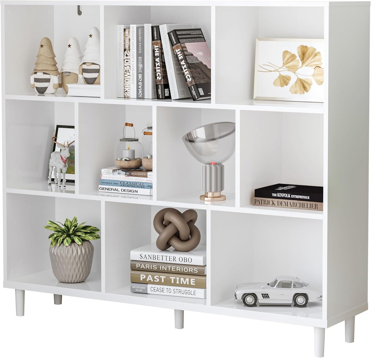 Wood Cube Storage Organizer White Bookshelf - 3-Tier Freestanding Storage Cabinet with Legs for Home Office, 10-Cubes Open Shelf