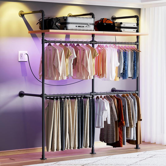 Industrial Pipe Clothing Rack, Reversible 79.7” Clothes Rack for Hanging Clothes with LED Lights, Black Wall Clothing Rack Wall Mounted Rack for Walk-in Closet, Laundry Room or Retail Display