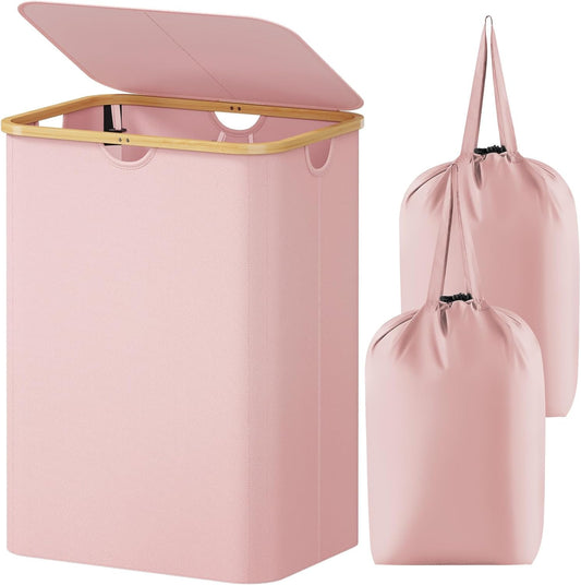 Lifewit 150L Laundry Basket with Lid, Clothes Hampers for Laundry with Bamboo Handles and 2 Removable Bags, Large Foldable Laundry Hamper for Bedroom, Bathroom, Dorm, Pink
