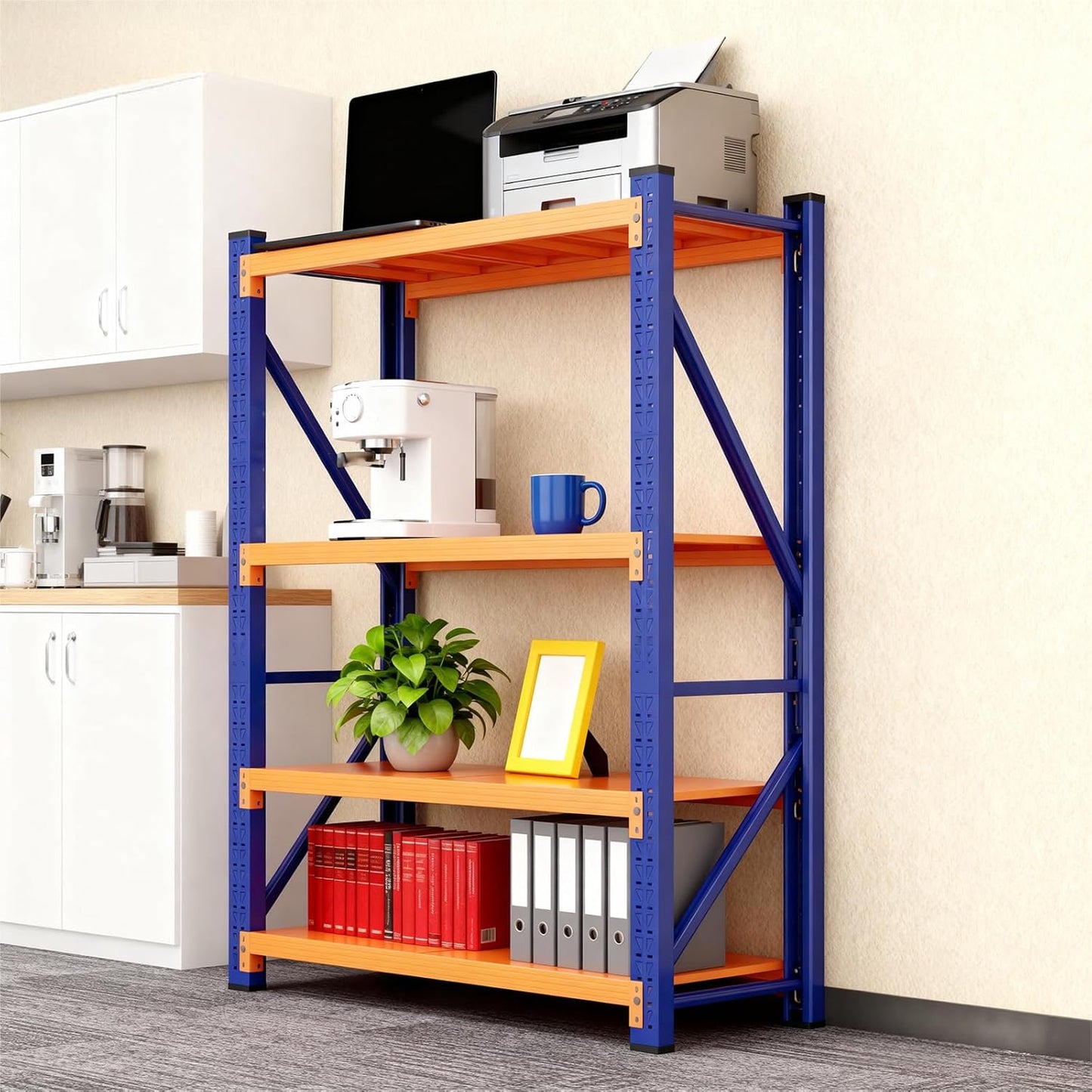79" H Garage Shelving,3500LBS Heavy Duty Storage Rack,4 Tiers Metal Storage Rack Shelf, Adjustable Shelving Unit for Garage,Kitchen,Warehouse,Basement,78.7" H x 47.2" W x 19.6" D,Blue&Orange