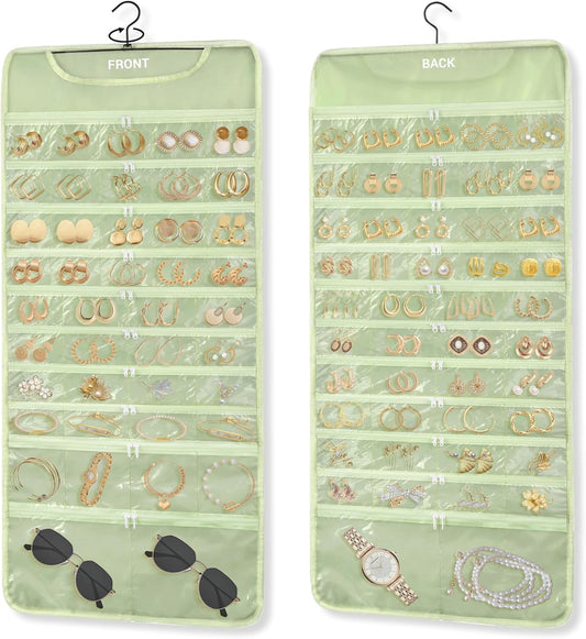 FOREGOER Hanging Jewelry Organizer with 88 Zippered Pockets, Dustproof Foldable for Travel, Accessories Organizer for Holding Jewelries, Earring Organizers and Storage (Green)