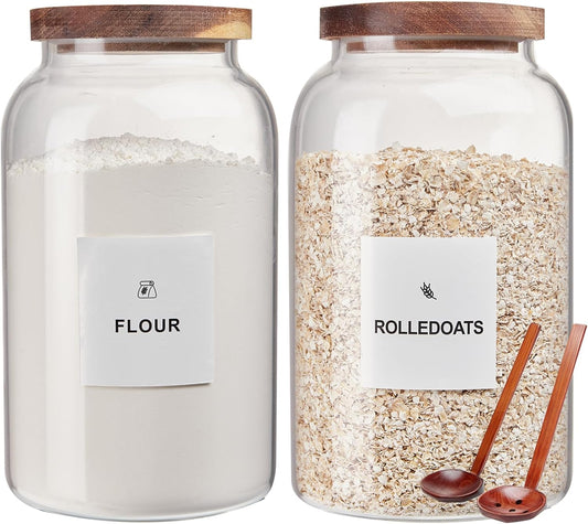 2 PCS Large Glass Jar with Airtight Wooden Lid Clear Glass Canisters with Spoon for Egg,Flour,Rice,Coffee,Cereal (2700ml × 2)