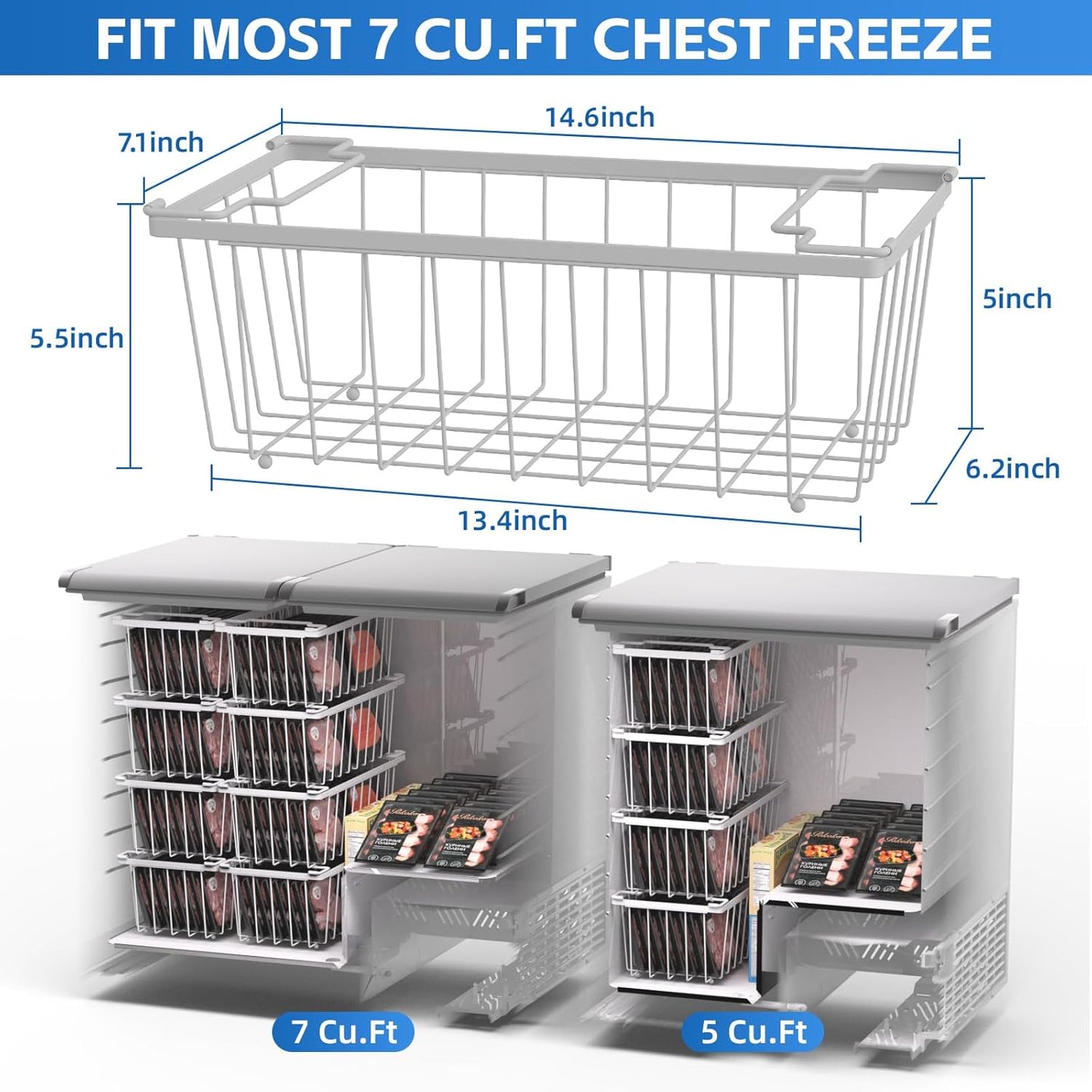 4 Pack Freezer Organizer Bins(14.6‘’L X 7.1‘’W X 5.2‘’H) for 7 Cu.FT Chest Deep Freezer Sort Frozen Meats | Deep Freezer Organizer Bins Get Food Easily w/Handle(White)