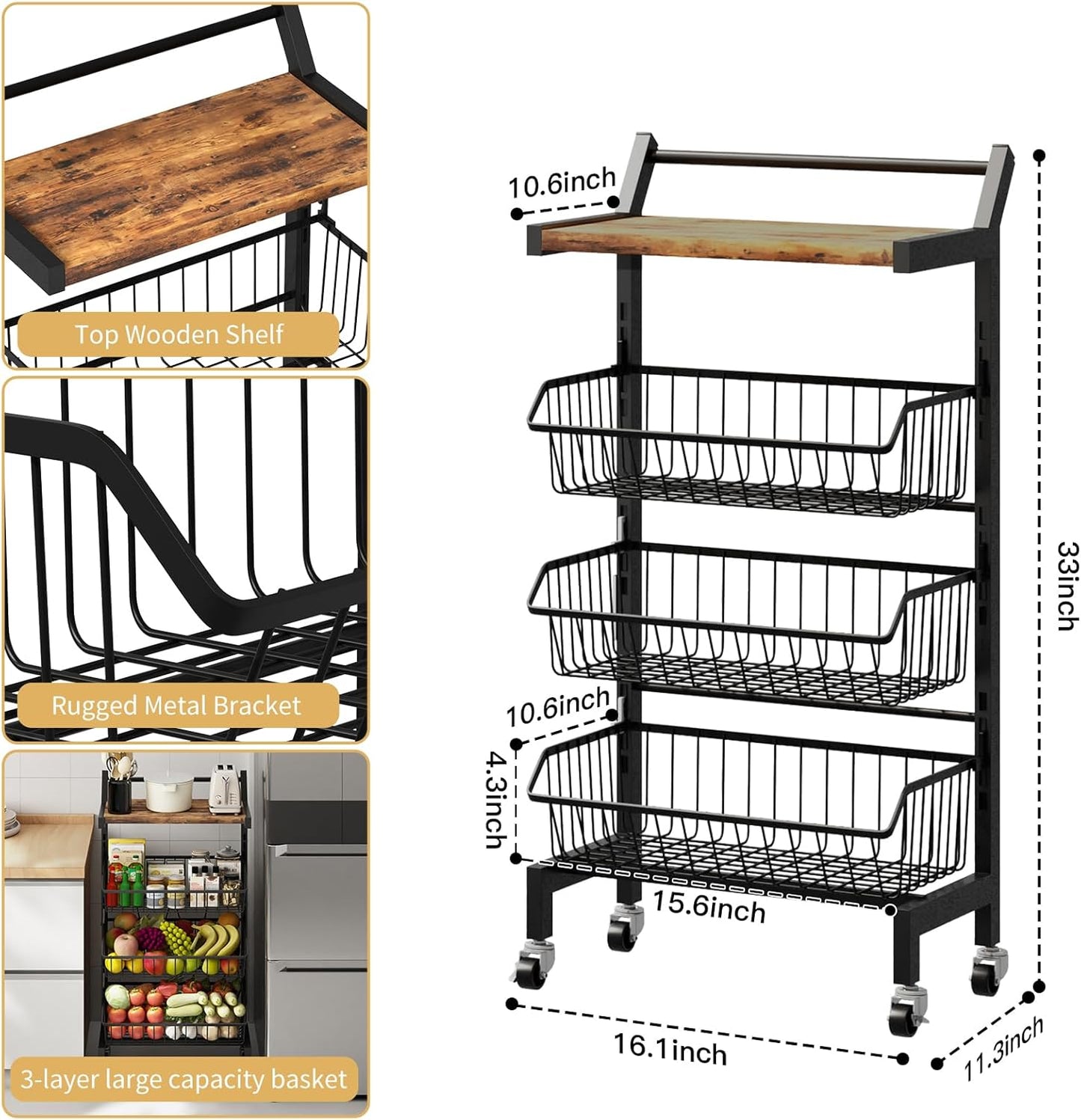 4-Tier Slim Rolling Storage Cart, Narrow Kitchen Cart with Lockable Wheels & Water-Resistant Wooden Tabletop, Small Space Utility Cart for Kitchen/Bathroom/Living Room/Laundry Room