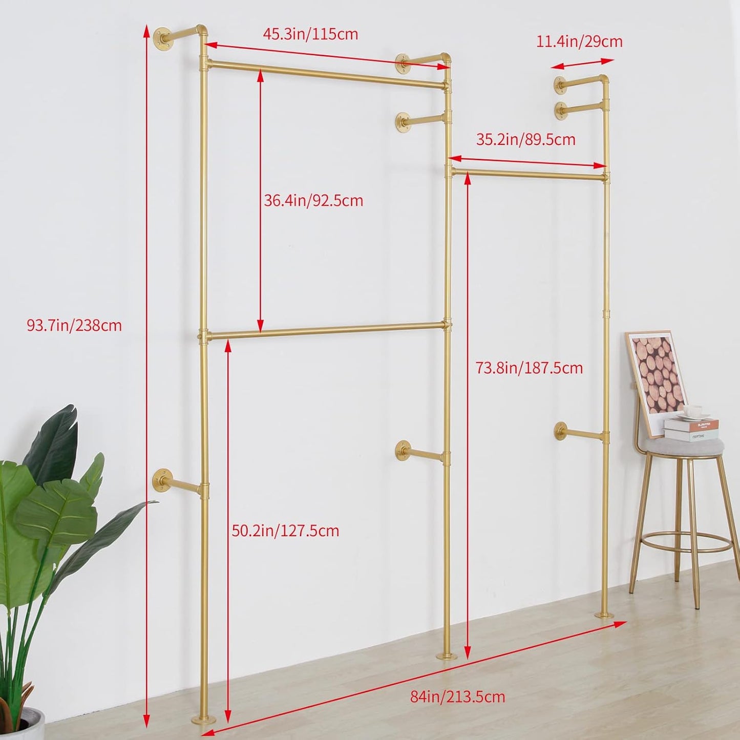 Modern Simple Industrial Pipe Double Hanging Rods Clothing Rack, Clothes Rack Wall Mounted Heavy Duty Hanging Clothes Rack, Detachable Garment Bar 93.7X84inch (Gold)
