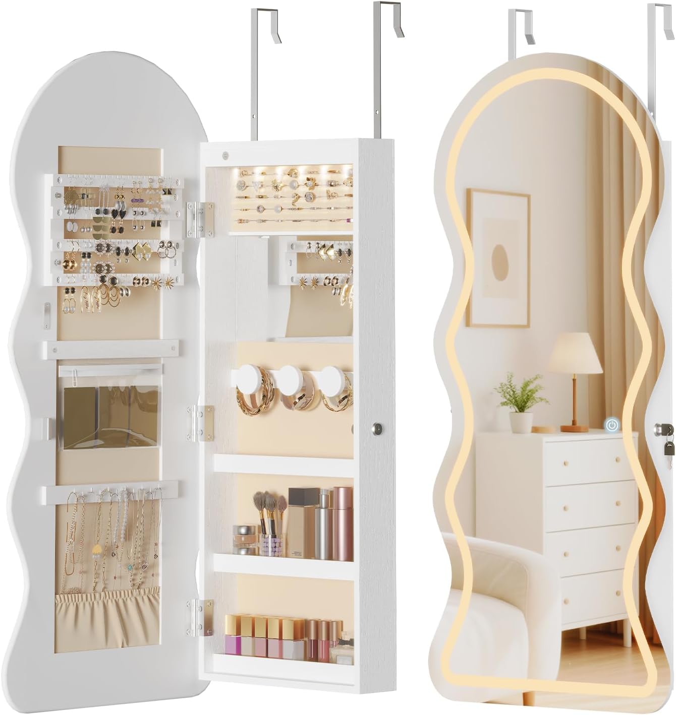HOOBRO LED Mirror Jewelry Cabinet, Wall/Door Mounted Jewelry Organizer, Jewelry Aromire with Wavy Mirror Full Length, Lockable Cosmetics Storage Cabinet, Interior Mirror, 16.5" x 4.1" x 43.3", White