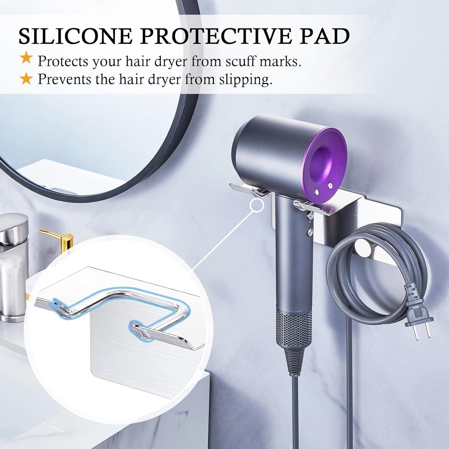 Hair Dryer Holder Wall Mount, Blow Dryer Holder for Wall, Adhesive Hairdryer Holder, Stainless Steel Blowdryer Holder, Bathroom Hair Tool Organizer, Hair Dryer Hanger Hook with Cord Storage (Silver)