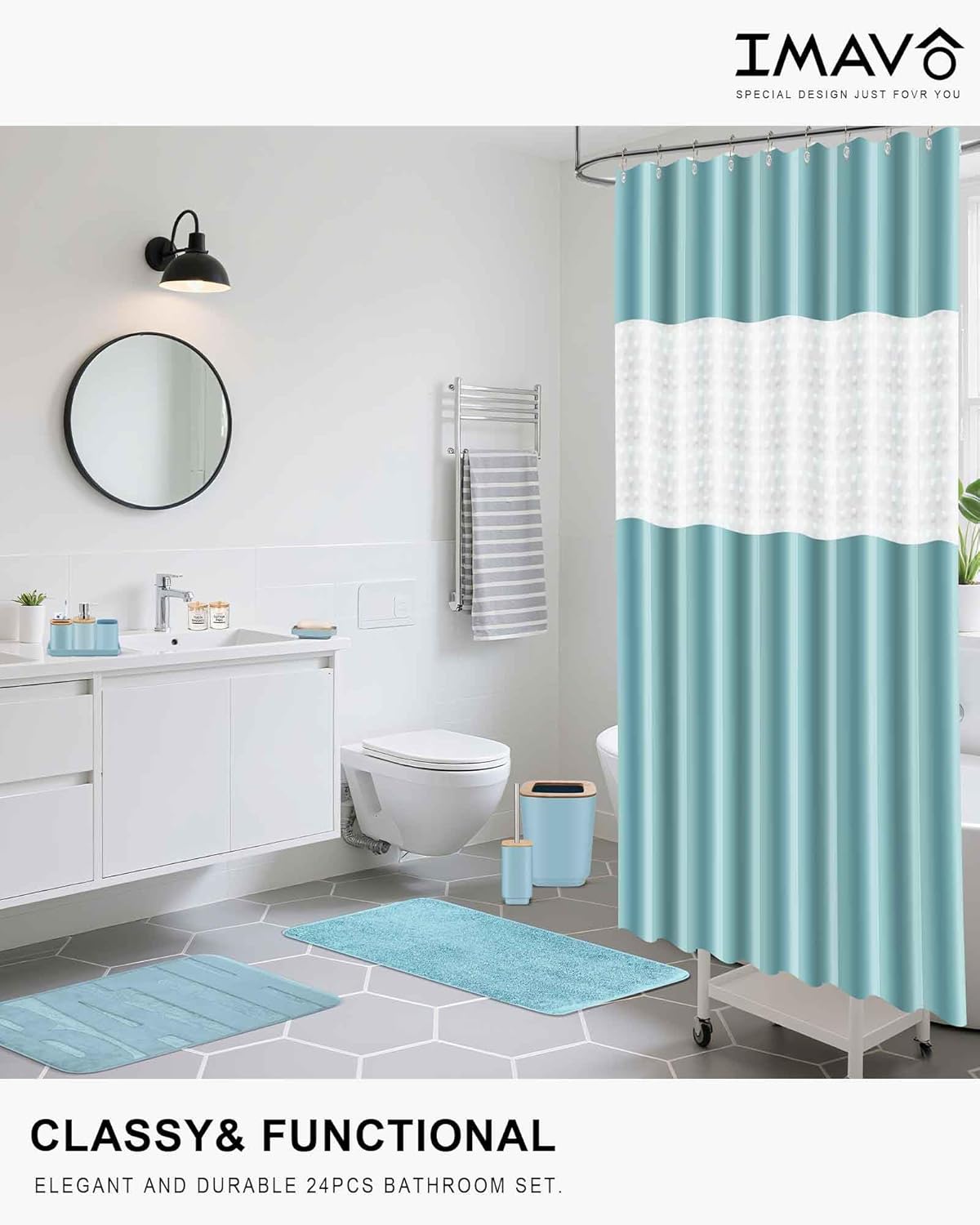 Bathroom Accessories Set,Blue Bathroom Set,24 Pieces Bathroom Accessory Set with Shower Curtain,Trash Can for Bathroom Accessories Décor and Home Gifts