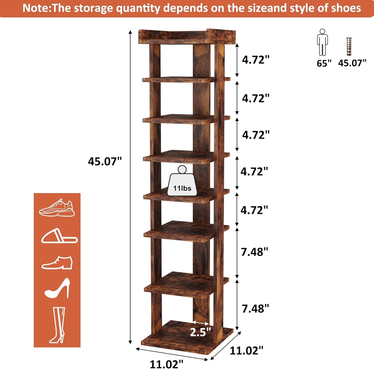 HOMEFORT 7-Tier Wood Shoe Rack, Entryway Shoe Tower,Vertical Shoe Organizer, Wooden Shoe Storage Stand, Rustic Brown