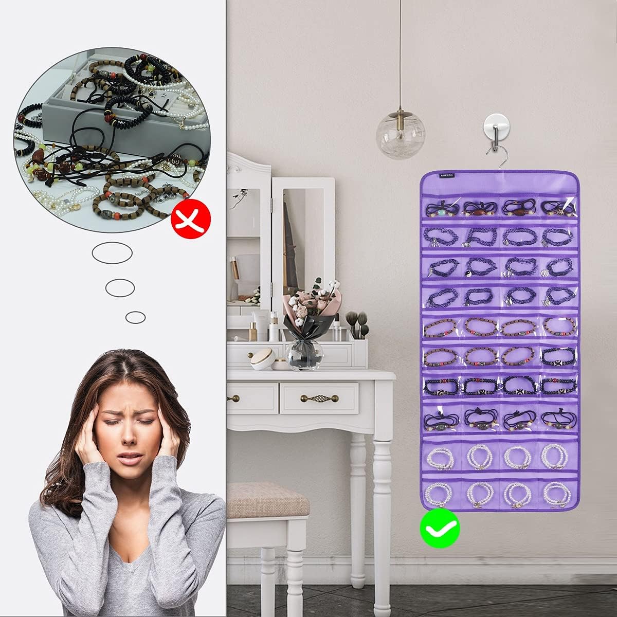 80 Pockets Hanging Jewelry Organizer for Holding Jewelries Dual-Sided Accessory Display Holder for Earrings Bracelets Rings (80 Pockets-Purple)