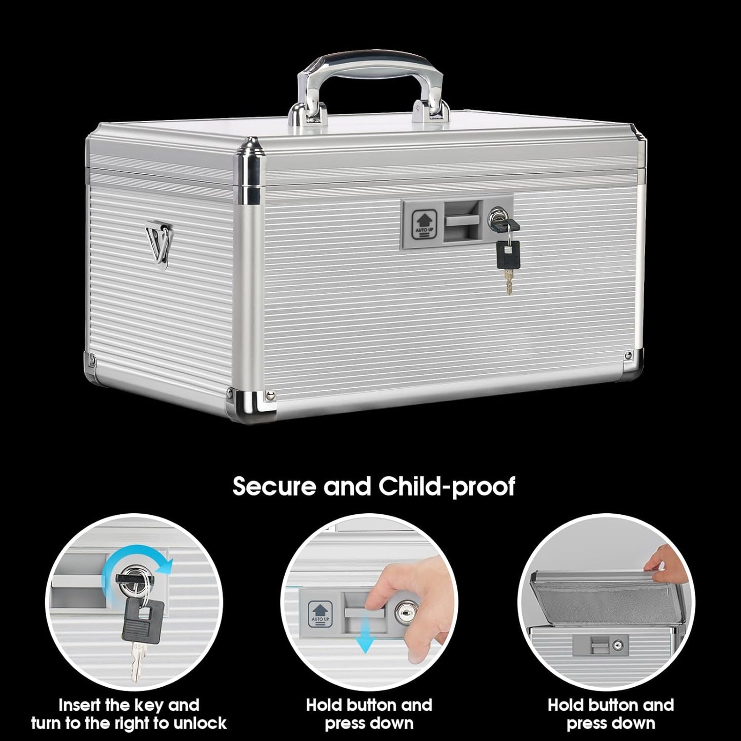 Medicine Lock Box with Key, Alluminum Alloy Box for Medication,First Aid Box with a Removeable Tray to Store Medicines & Pills for Home, Silver, 16 * 9.25 * 7.48 Inch
