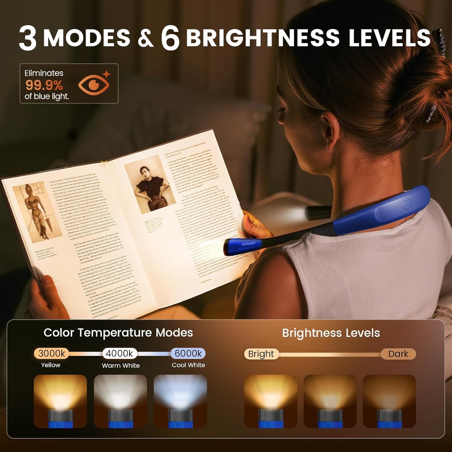 Glocusent Book Light, 3-Color & 6-Brightness Reading Light, Bendable Neck Light, 80-hr Lasting Rechargeable Book Light, Perfect Reading Lights for Books in Bed, Knitting, Repairing, Book Lovers Gifts