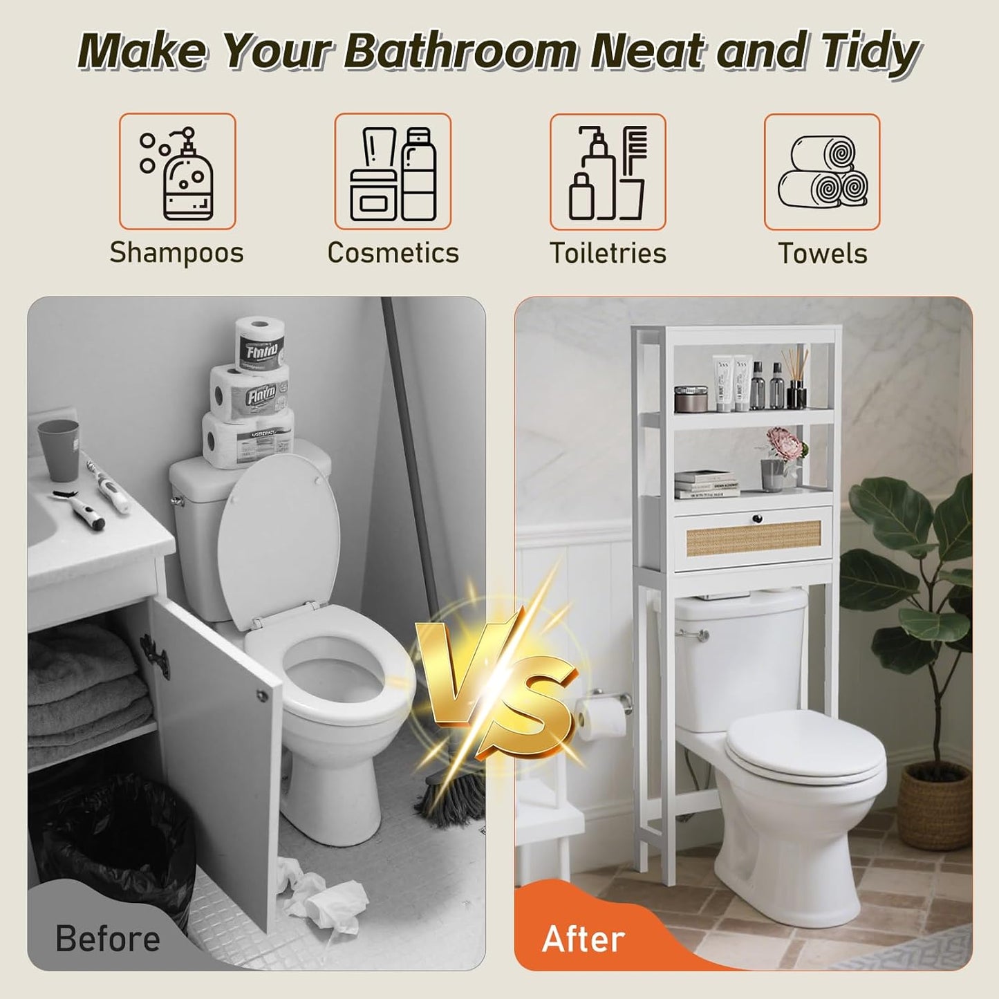 Over The Toilet Storage Cabinet, 3-Tier Bathroom Organizer with Rattan Door, Wooden Space Saver for Restroom, Bathroom, Laundry