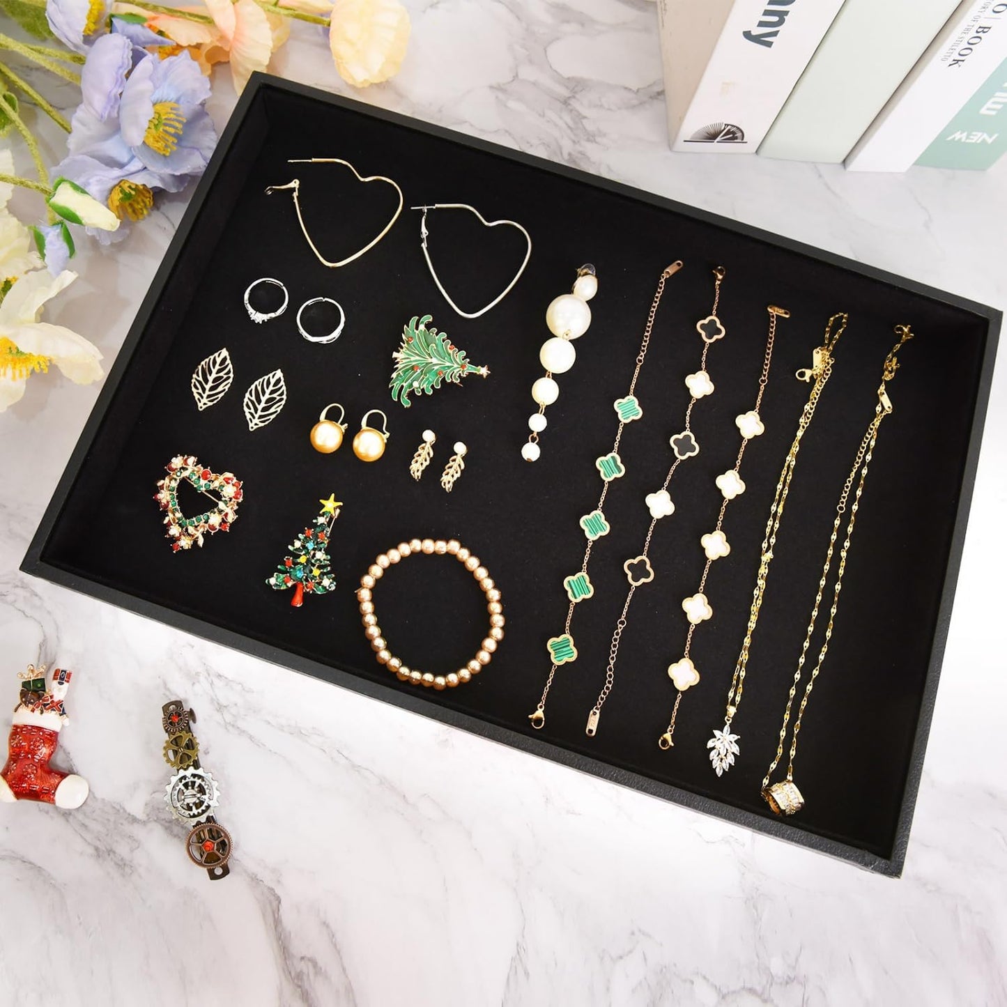 Velvet Jewelry Tray for Drawers Black Jewelrys Display Tray Stackable Jewelry Organizer Trays for Necklace Bracelet Ring Watch (4, Black)