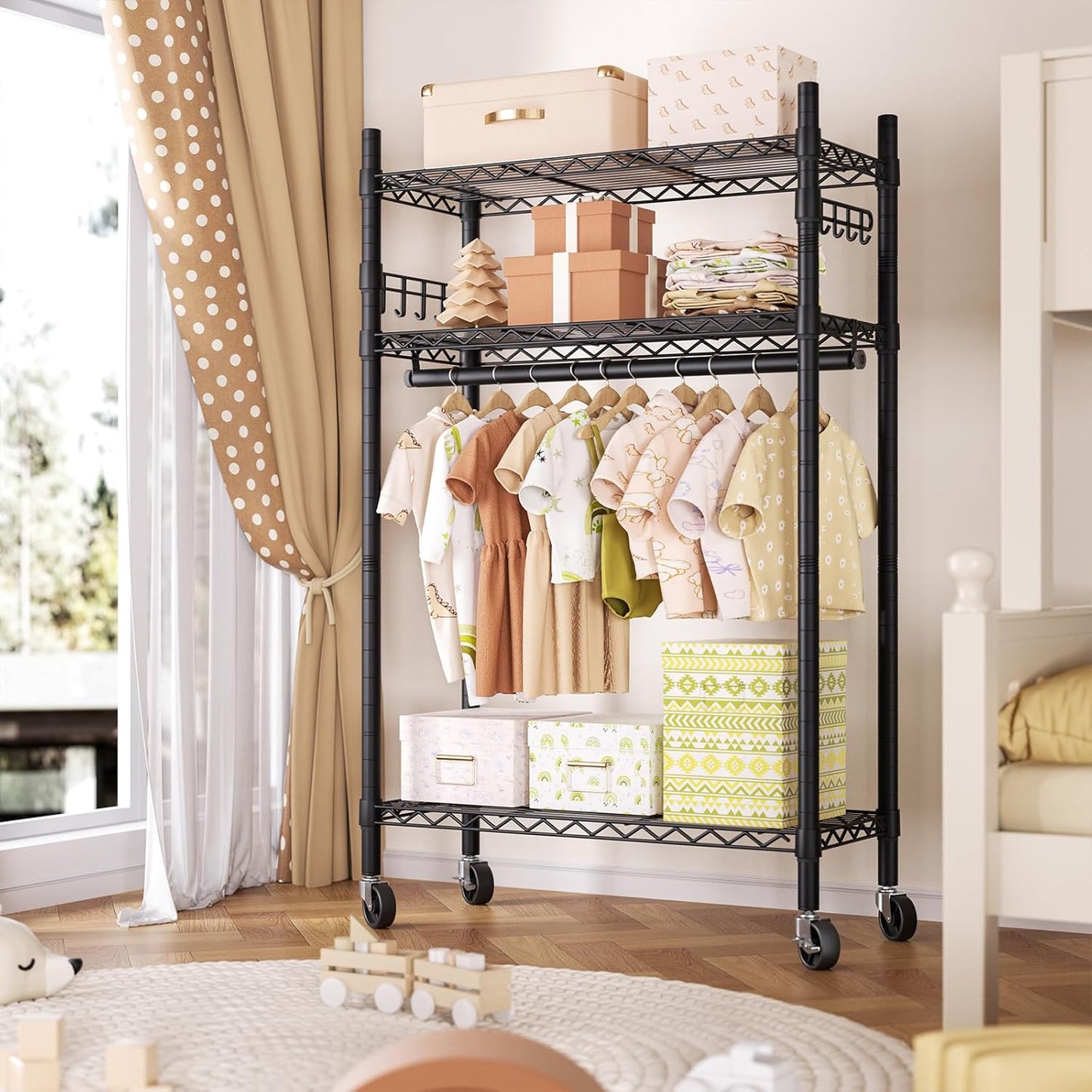 Heavy Duty Clothes Rack Rolling Garment Rack,3 Tier Adjustable Wire Shelving Clothing Racks for Hanging Clothes with Hanger Rod&Side Hooks,Freestanding Wardrobe Storage Rack Metal Portable Closet