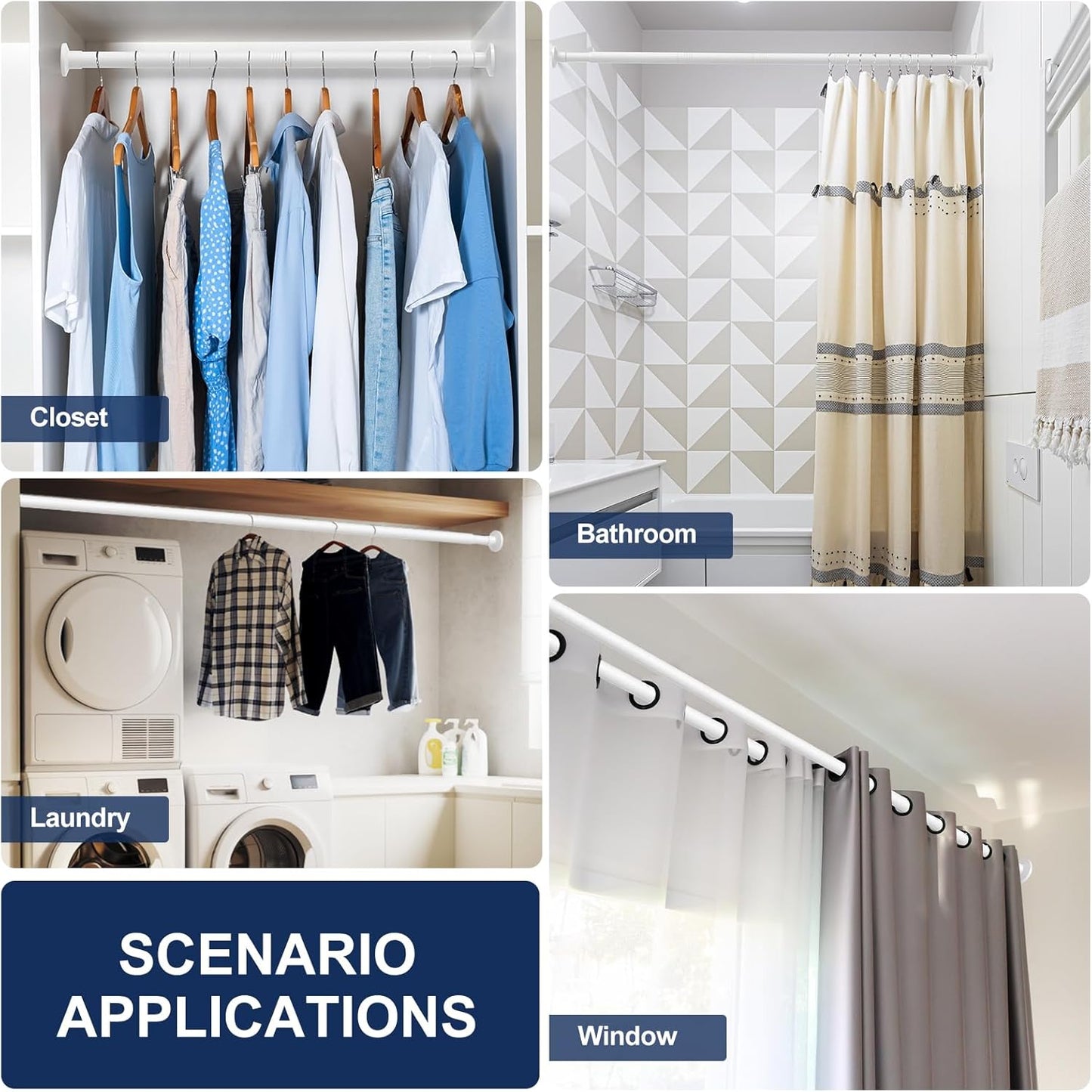 No Drilling Closet Rod, 27.5-74 Inches Hanging Closet Rod for Clothes, Closet Bar & Pole Heavy-duty, Closet Rods for Hanging Clothes For Closet Wardrobes Bathroom Laundry RV Curtains,White