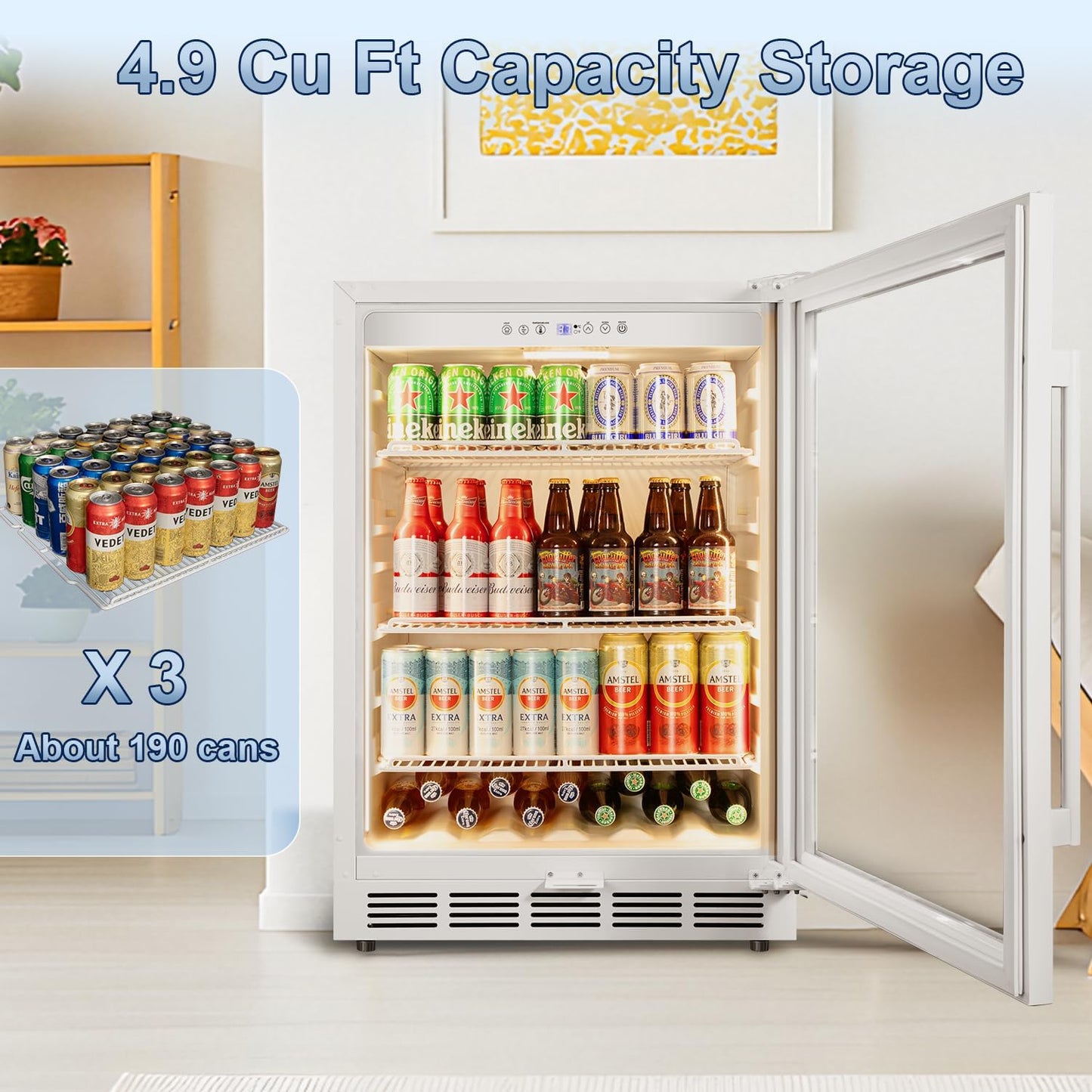 Beverage Refrigerator, 4.9 Cubic Feet Undercounter/Freestanding 24 Inch Beverage Fridge with Glass Door, LED Light, Safety Lock, Touch Control, Low Noise (White)