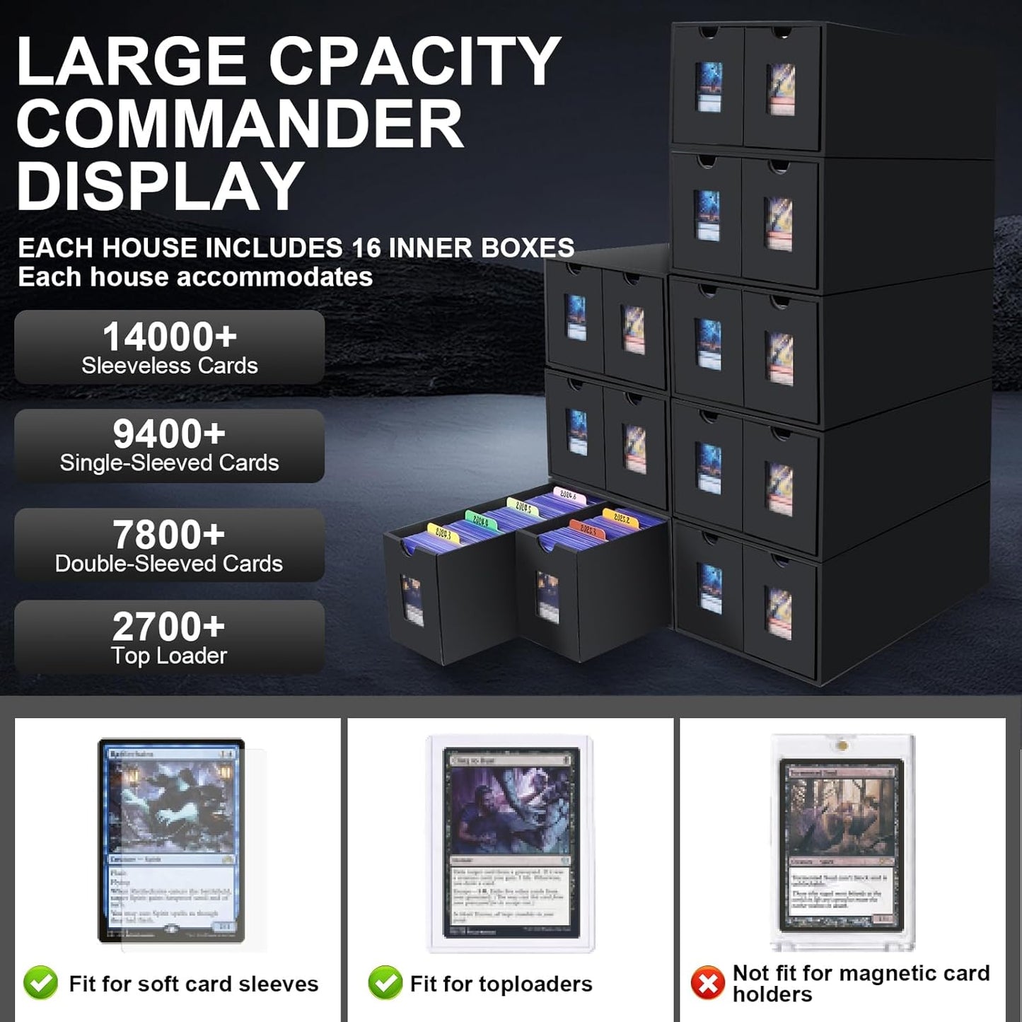 14000+ Card Storage Box, 2700+ Toploader Card Storage Box for Commander Display,with 72 Dividers, Labels & Tapes,Fit for TCG, PTCG, MTG
