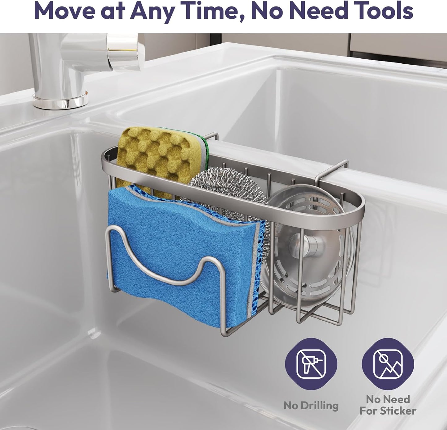 SWTYMIKI Sponge Holder for Kitchen Sink - Movable Kitchen Sink Caddy with M Hook Stainless Steel Hanging Sponges Caddy Organizer in Double Bowl Sinks Depth>3.15in, Middle Divider<1.5in, Sand Nickel L