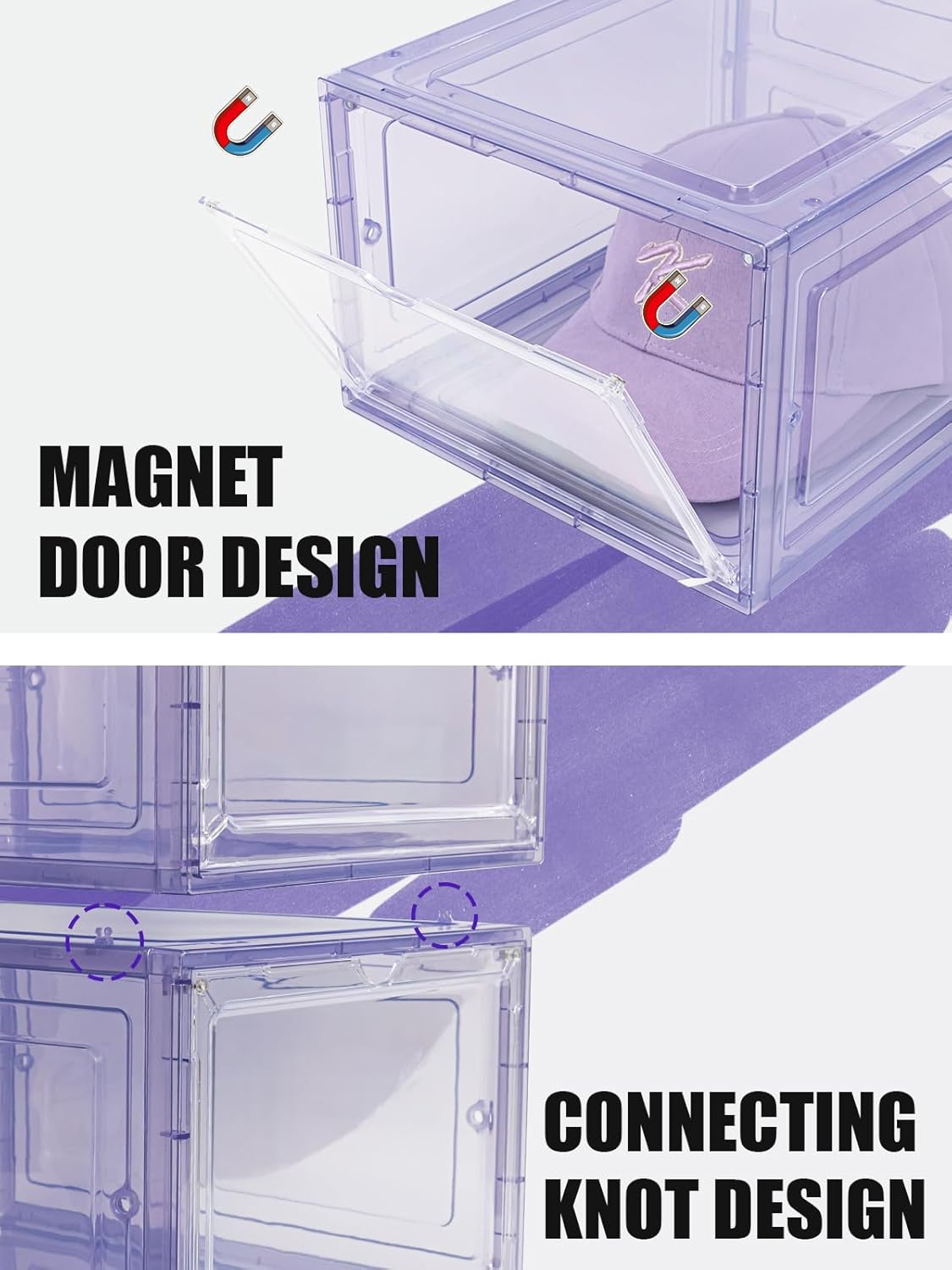6 Pack Hat Organizer Box, Stackable Clear Baseball Caps Holder Box Containers with Magnetic Door for Hats Snapback Cap Storag, Hat Rack Display Case, Holds 8 Hats Each (Purple)