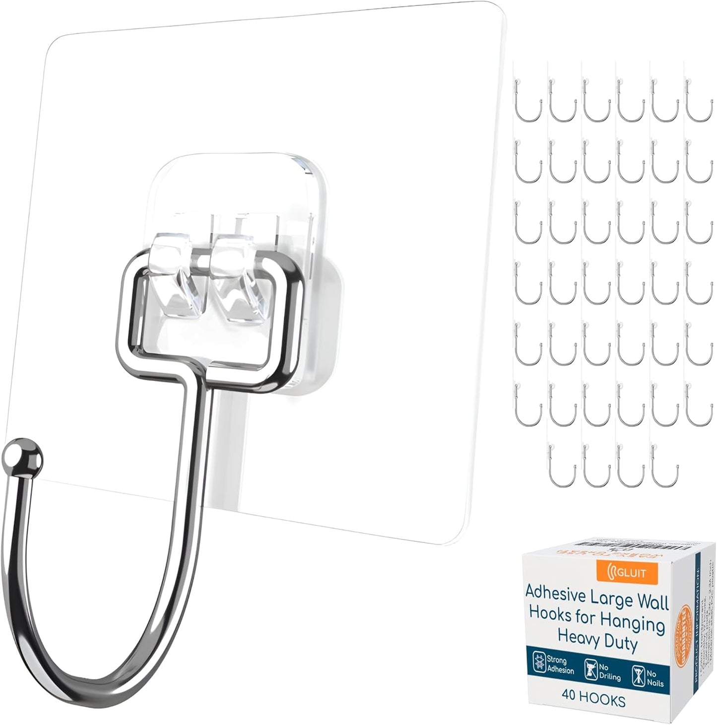 GLUIT Adhesive Large Wall Hooks for Hanging Heavy Duty 22 lbs Hooks for Walls No Damage, Towel Sticky Clear Hooks, Waterproof, Home, Bathroom, Kitchen, Office, and Outdoor 40 Pack