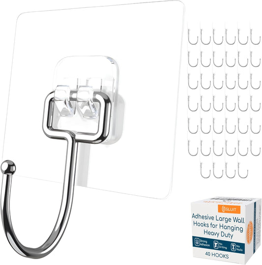 GLUIT Adhesive Large Wall Hooks for Hanging Heavy Duty 22 lbs Hooks for Walls No Damage, Towel Sticky Clear Hooks, Waterproof, Home, Bathroom, Kitchen, Office, and Outdoor 40 Pack