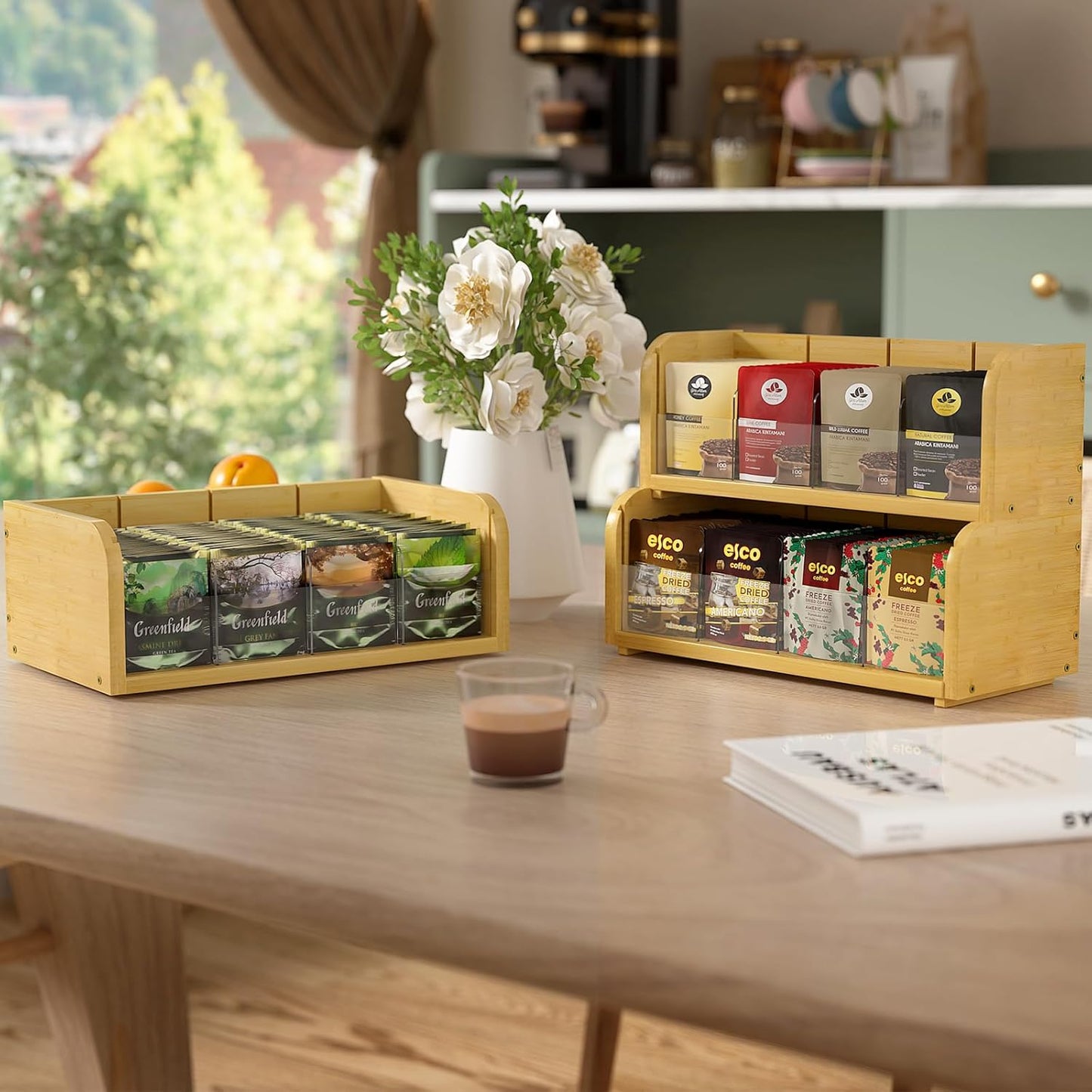 Bamboo Tea Bag Organizer, 3 Tier Stackable Tea Bags Storage Box with Acrylic Dividers