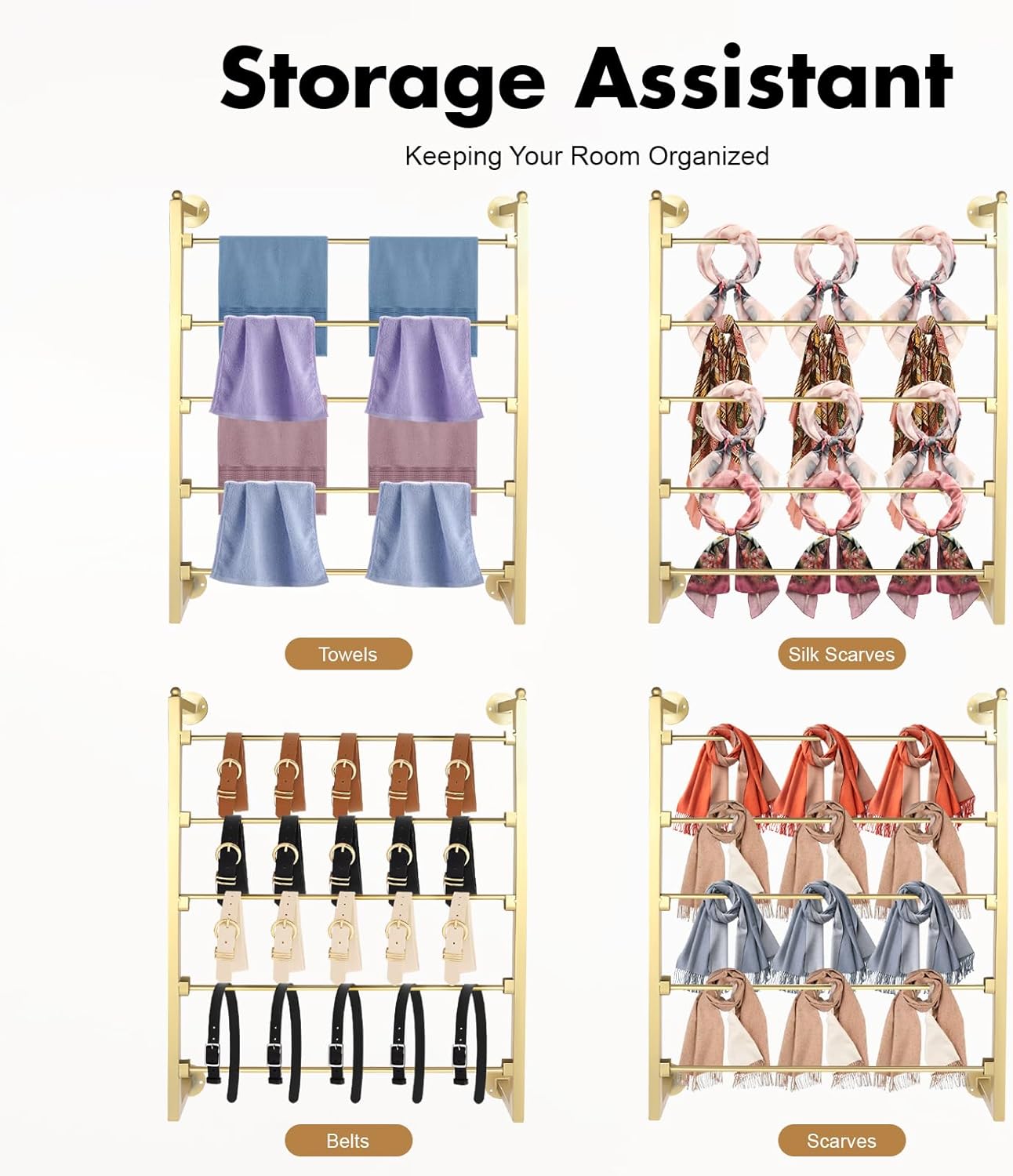 Wall Mounted Scarf Rack, 5 Tier Ties Silk Scarves Towels Storage Multifunctional Metal Rack, Space-Saving Wrapping Paper Organizer Ribbon Holder for Flower Shops Gold