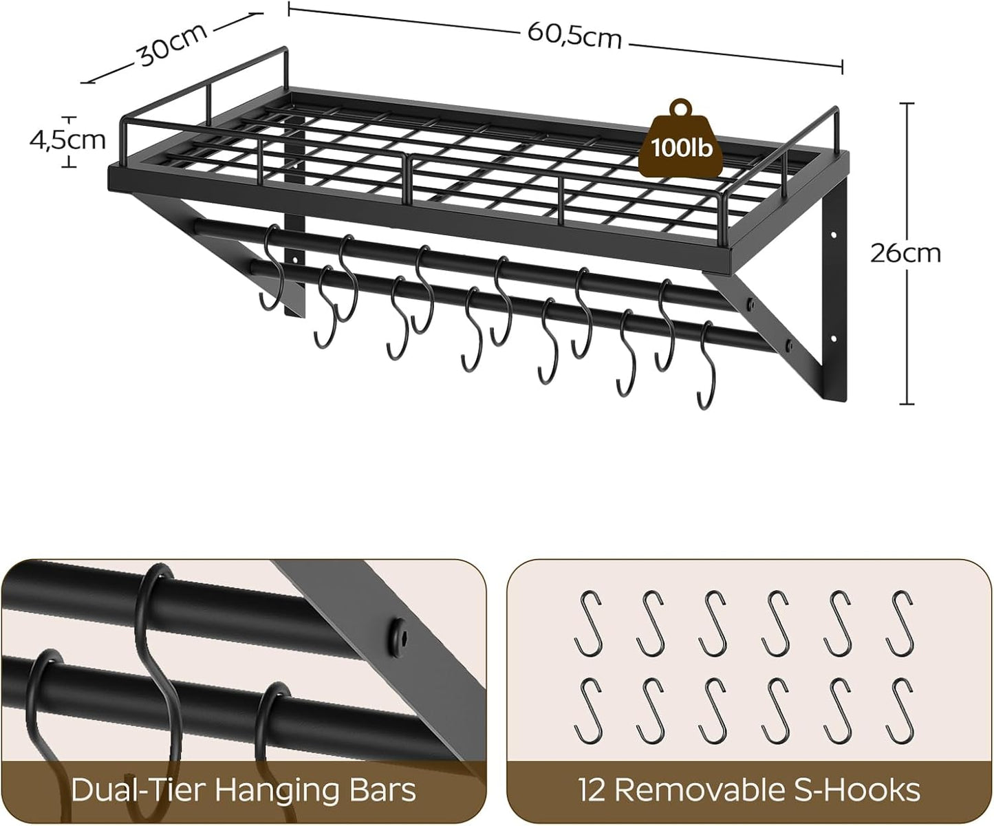 Wall Mounted Pot Rack, 23.8 Inch Pot and Pan Organizer with 2 Tier Hanging Rails, 12 S-Hooks, Metal Pot Rack for Kitchen Cookware Organizer, Space Saving, for Kitchen Utensils, Black PR01BK