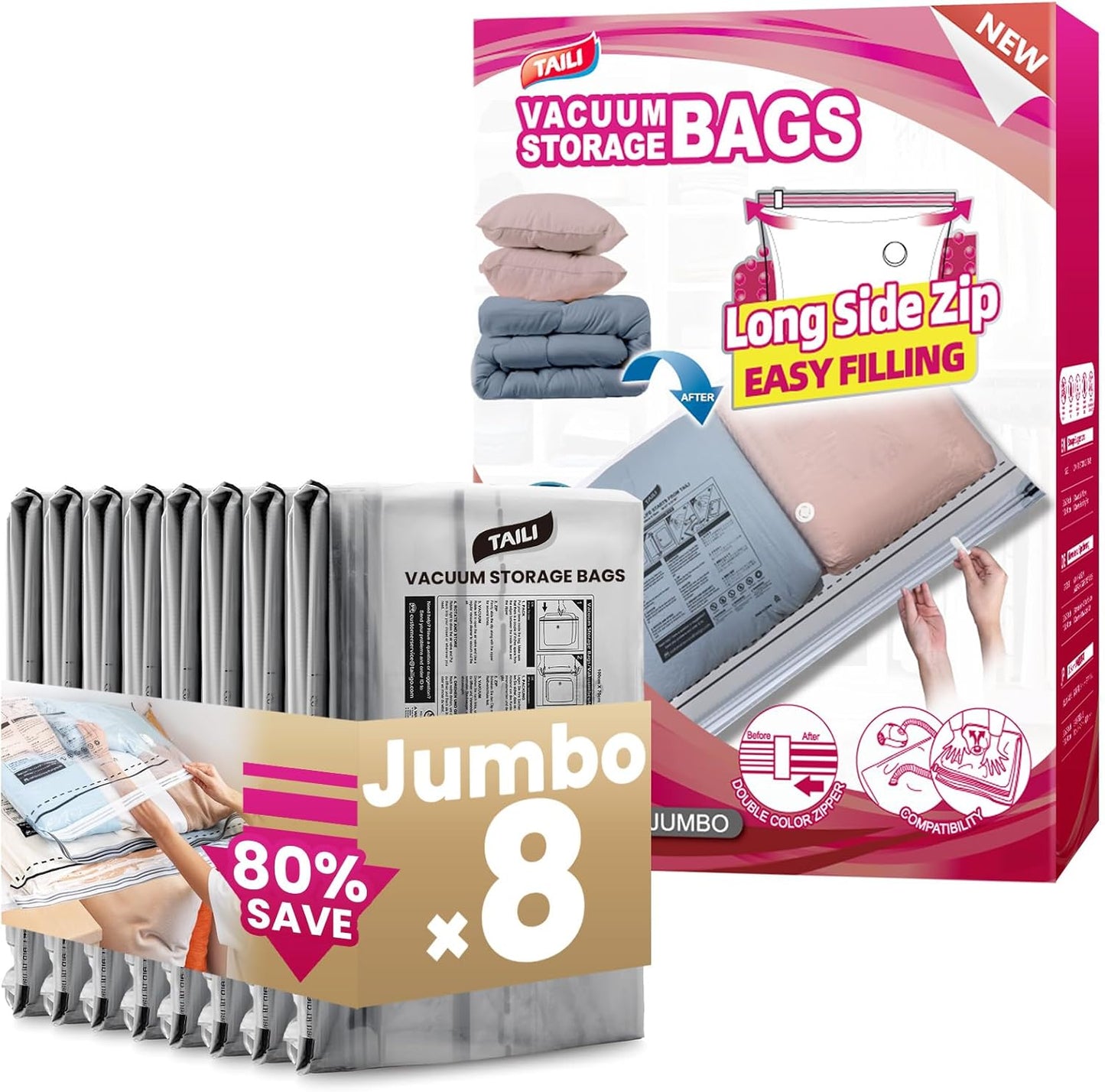 TAILI 8 Pack Vacuum Storage Bags, Jumbo Size 39x28 inch, LONG SIDE ZIP Vacuum Seal Bags for Beddings, Extra Large Storage Space Saver for Clothing, Comforters, Blankets, Pillows