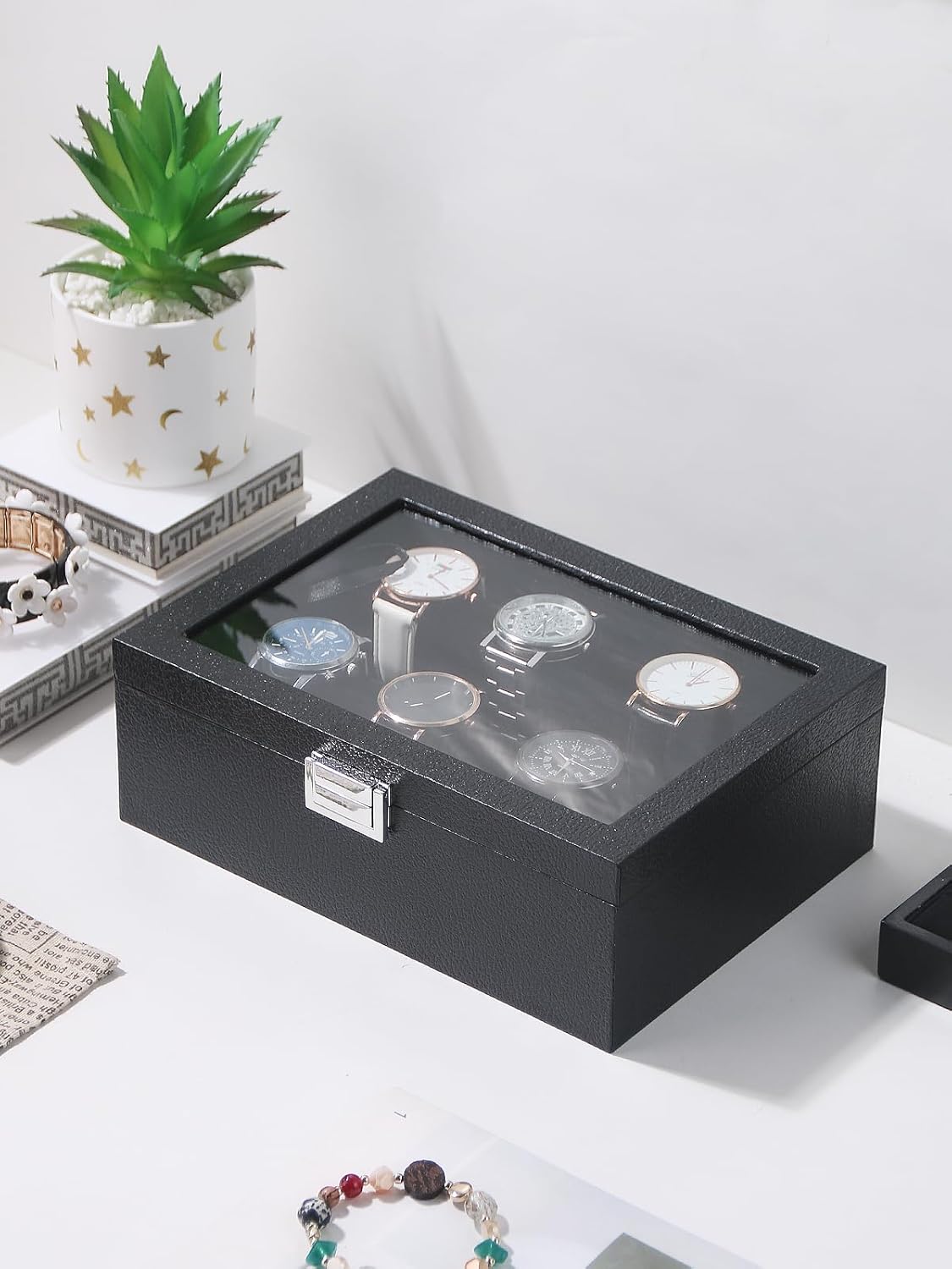 Bracelet Holder Organizer Box, Jewelry Storage Case with 2 Rods, Bangle Watch Display Tray for Women Girls (Black)