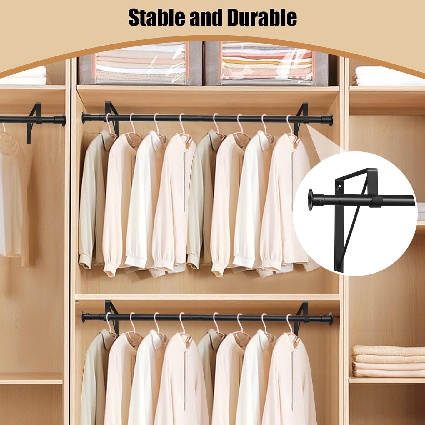 Closet Rod, 16 to 51 Inch Closet Rods Heavy Duty Adjustable Wardrobe Poles for Hanging Clothes and Heavy Duty Bracket Closet Pole Support (The Shelf NOT Included)(Black)