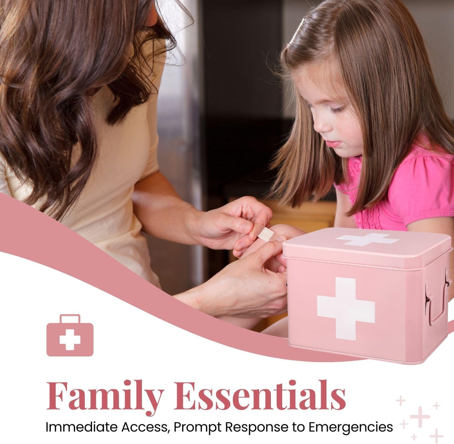 Flexzion First Aid Box Organizer, Empty 8.5 Inch Pink Vintage First Aid Kit Tin Metal Medical Box First Aid Storage Box Container Bins with Dividers, Removable Tray and Cross Logo