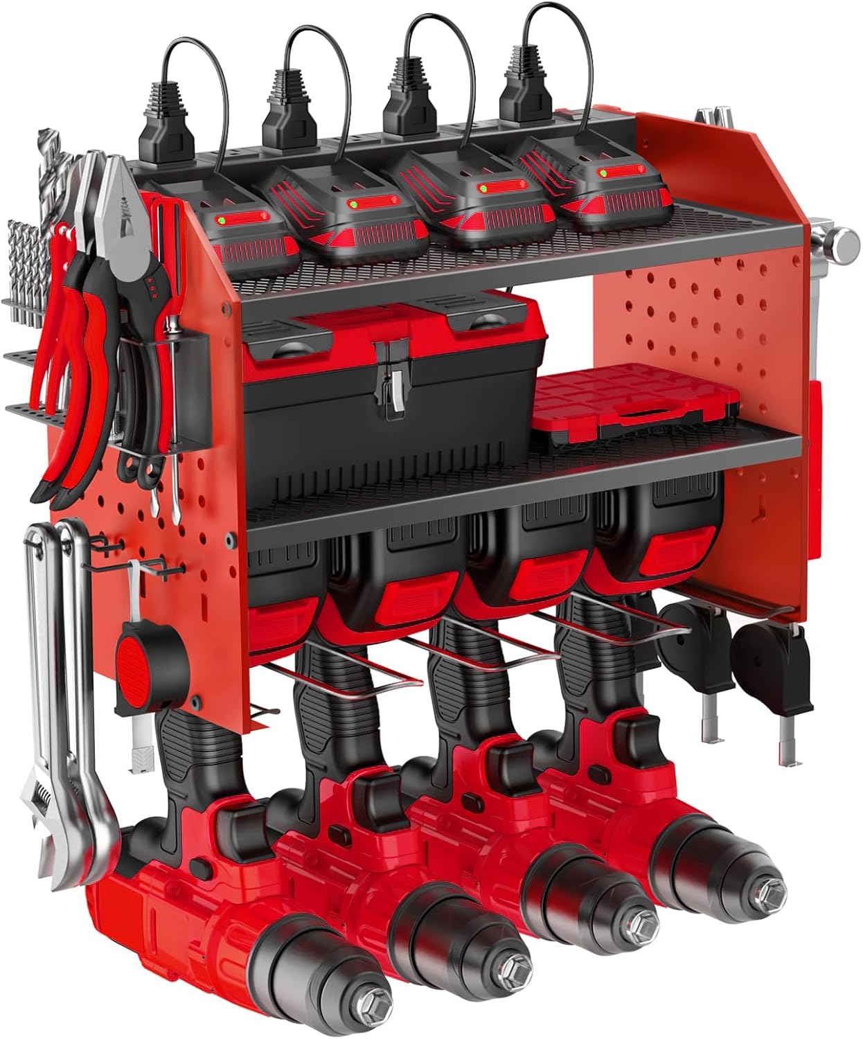Power Tool Organizer Wall Mount with Charging Station, Drill Holder, Adjustable Layers, Heavy Duty Garage Tool Organizer Storage with 8 Outlet Power Strip, Christmas Gifts for Men, Dad, Husband