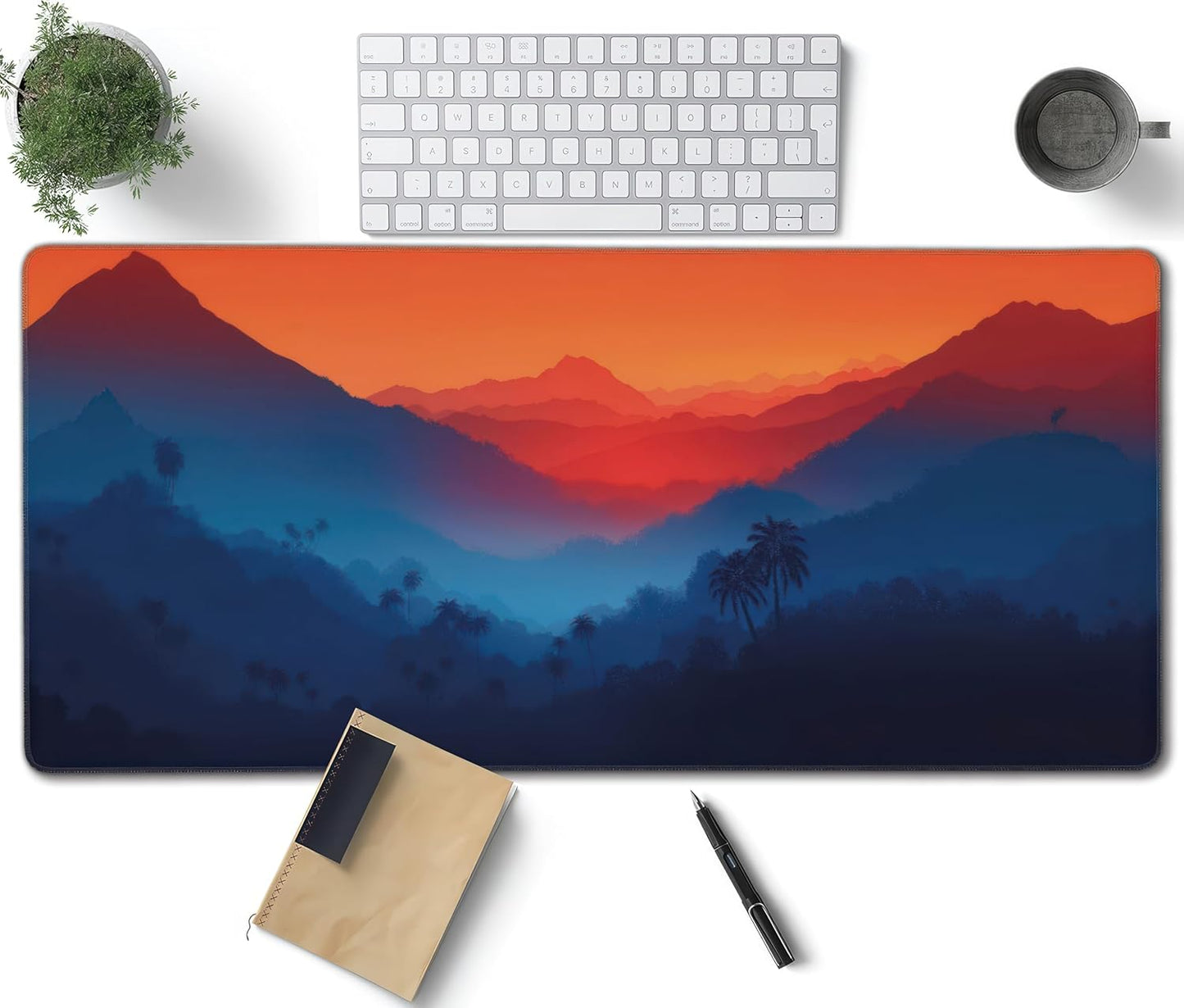 Twilight Mountain Palm Trees Large Mouse Pad, Vintage Aesthetic Gaming Desk Mat, XXL Keyboard Desk Pad Mat for Desktop, 35.4"x15.7" Non-Slip Base Big Mousepad with Stitched Edges