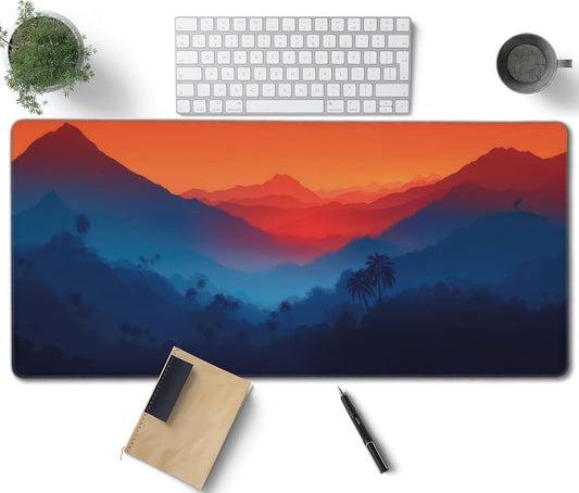 Twilight Mountain Palm Trees Large Mouse Pad, Vintage Aesthetic Gaming Desk Mat, XXL Keyboard Desk Pad Mat for Desktop, 35.4"x15.7" Non-Slip Base Big Mousepad with Stitched Edges