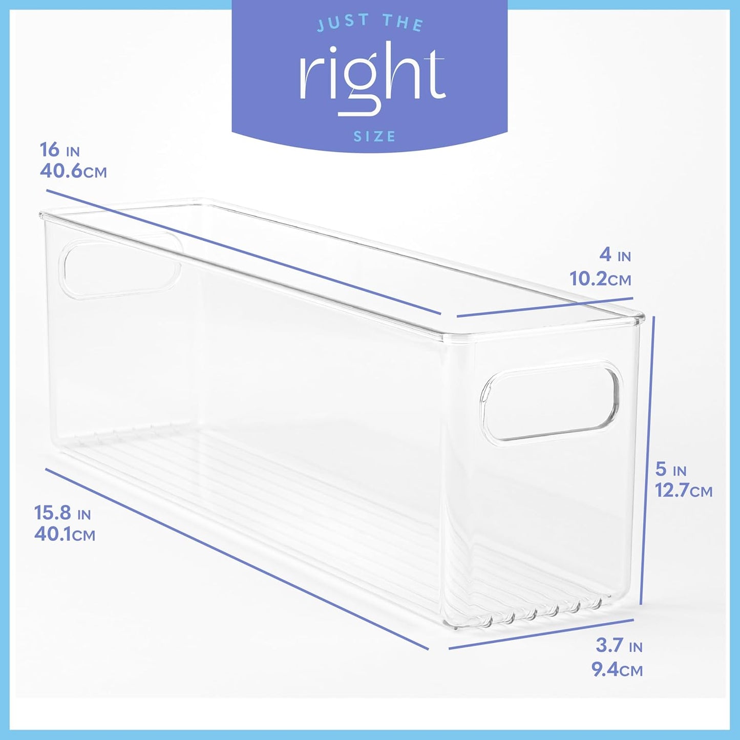 primebox Plastic Food Storage 2 Pack Clear Container Bin with Handles for Organizing Kitchen, Pantry, Refrigerator, Freezer, Pantry, Cabinet, Closet, Bathroom. 16”x4”x5”
