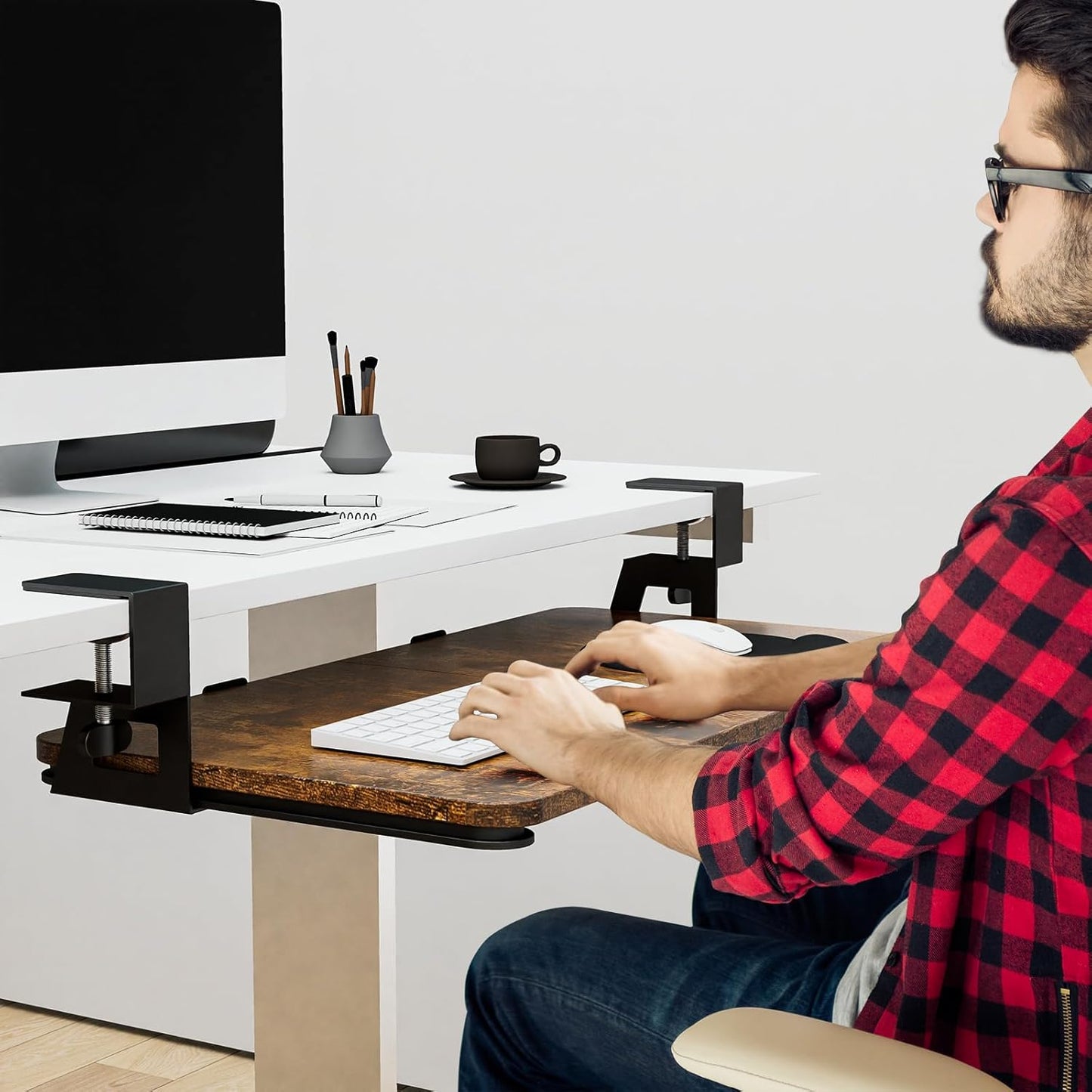 Desktop Keyboard Tray, Under Desk Pull Out, 26.77" X 11.81" Large Size Keyboard Tray with C-Clip Mount, Easy Installation, Computer Keyboard Stand, for Home Study and Office