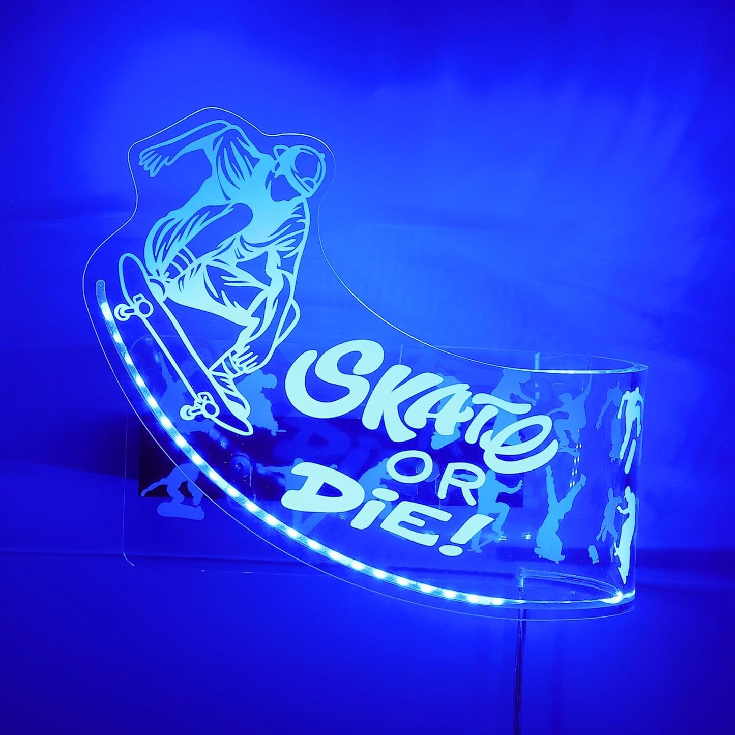 Light Up Skateboard Wall Mount, Acrylic Skateboard Rack with Skateboarding Pattern Blue LED Lights for Trick(Street or Vert) Board Longboard Penny board Storage and Display, Skater Gifts