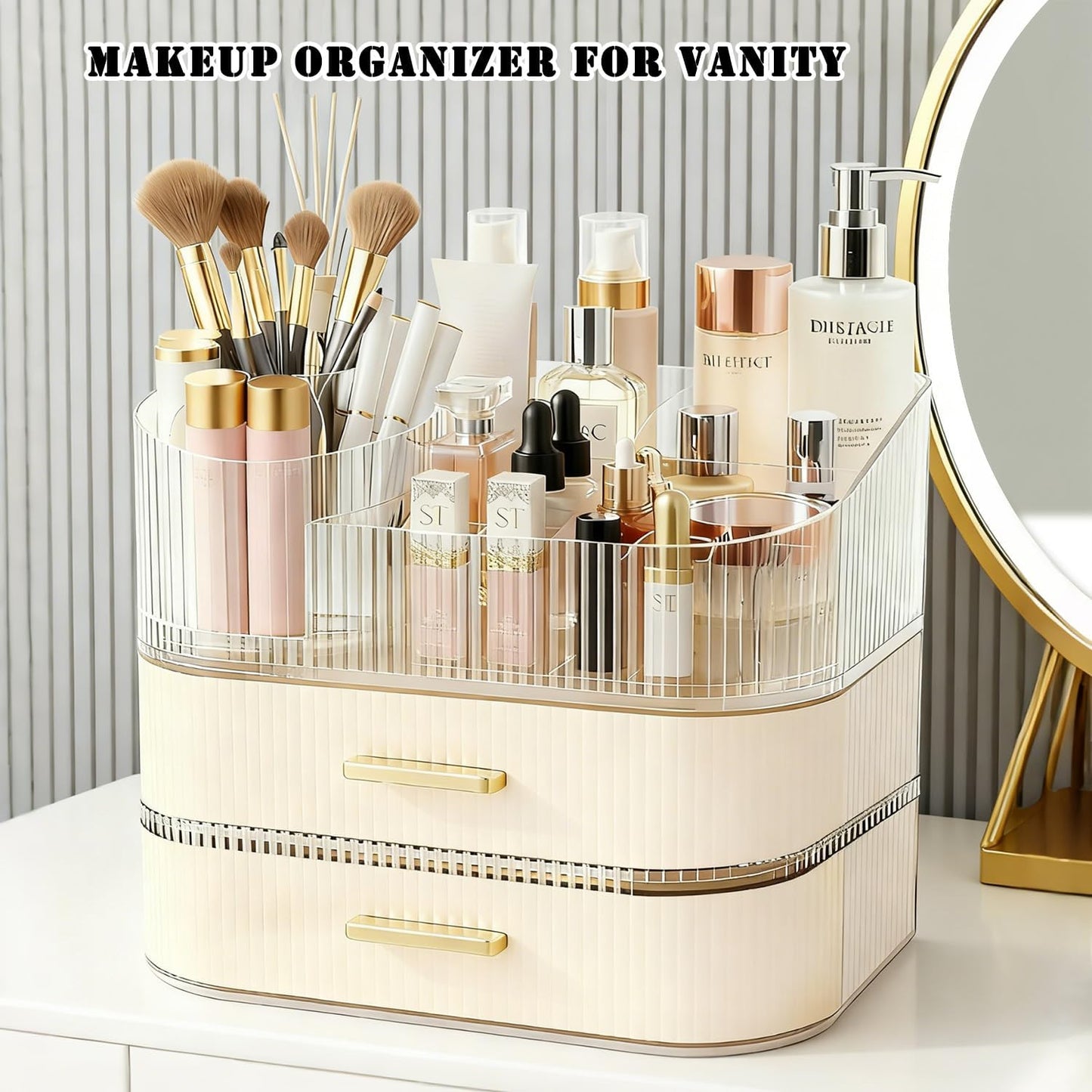 Makeup Organizer for Vanity with Stackable Drawers, 360 Rotating Makeup Brush Holder Large Cosmetic Display Case for Dresser, Bathroom Countertop Skincare Organizers and Storage (3-layer)