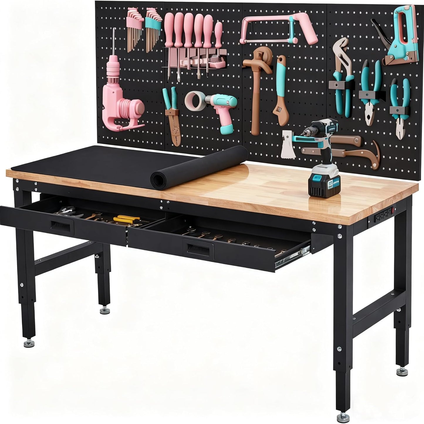 60 Inch Adjustable Height Rubber Wood Workbench, Heavy Duty 3000LBS Work Table with Drawers & Pegboard, Power Outlets for Garage, Workshop, Home Office