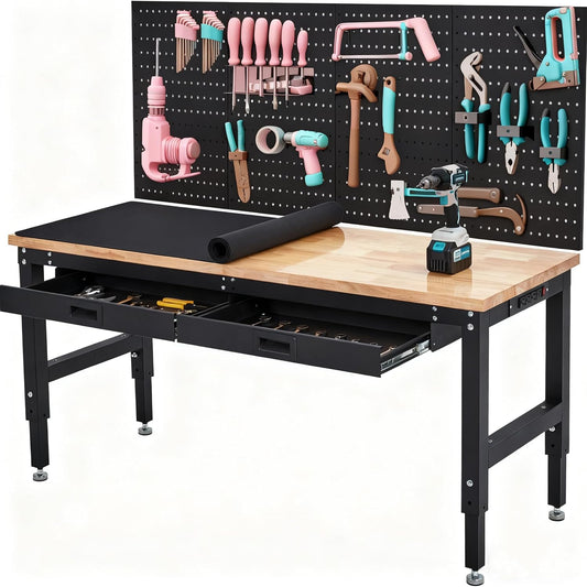 60 Inch Adjustable Height Rubber Wood Workbench, Heavy Duty 3000LBS Work Table with Drawers & Pegboard, Power Outlets for Garage, Workshop, Home Office