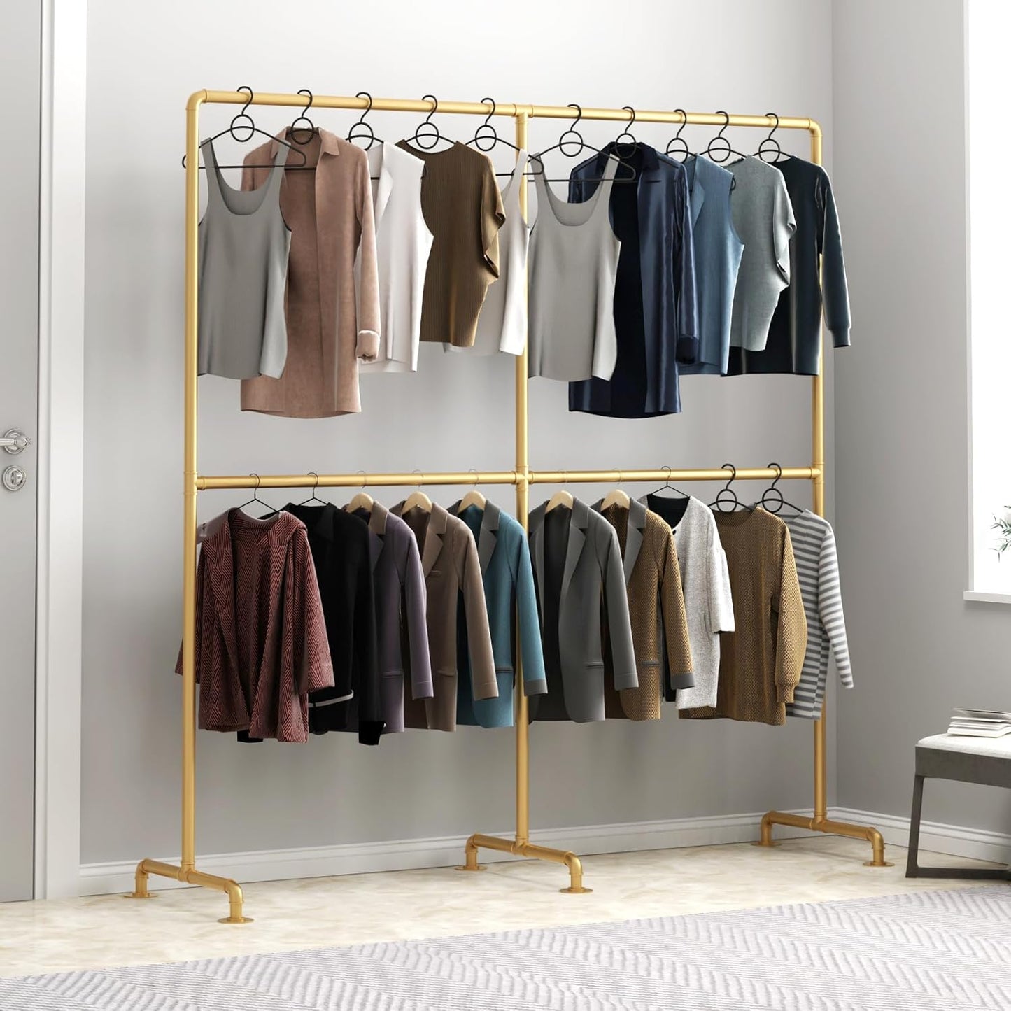 Industrial Pipe Clothing Rack, Double Rod Clothes Rack for Hanging Clothes, Heavy Duty Metal Garment Rack for Home Retail Boutique (Gold)