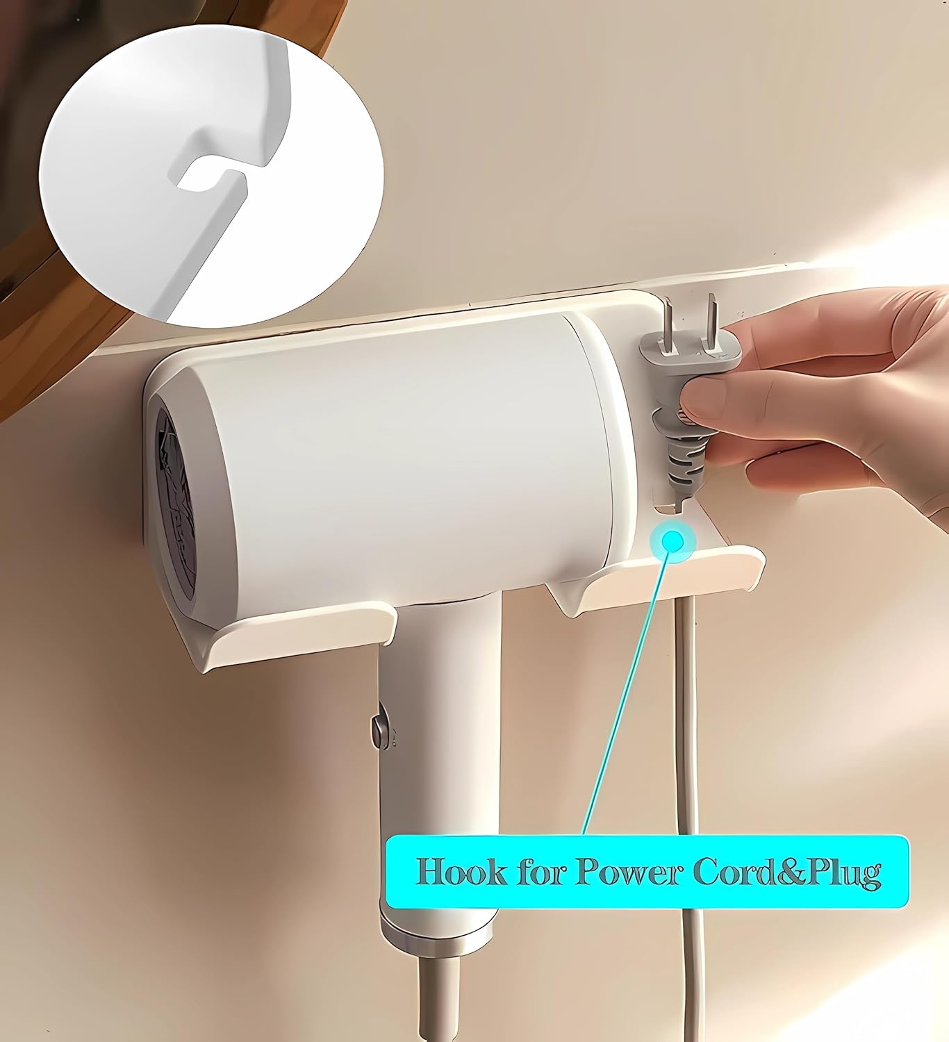 Universal Hair Dryer Holder, Blow Dryer Hanger Wall Mount for Hair Dryer Hook with Plug&Cord Organizer Self Adhesive for Cabinet Bathroom(2 Pack White)