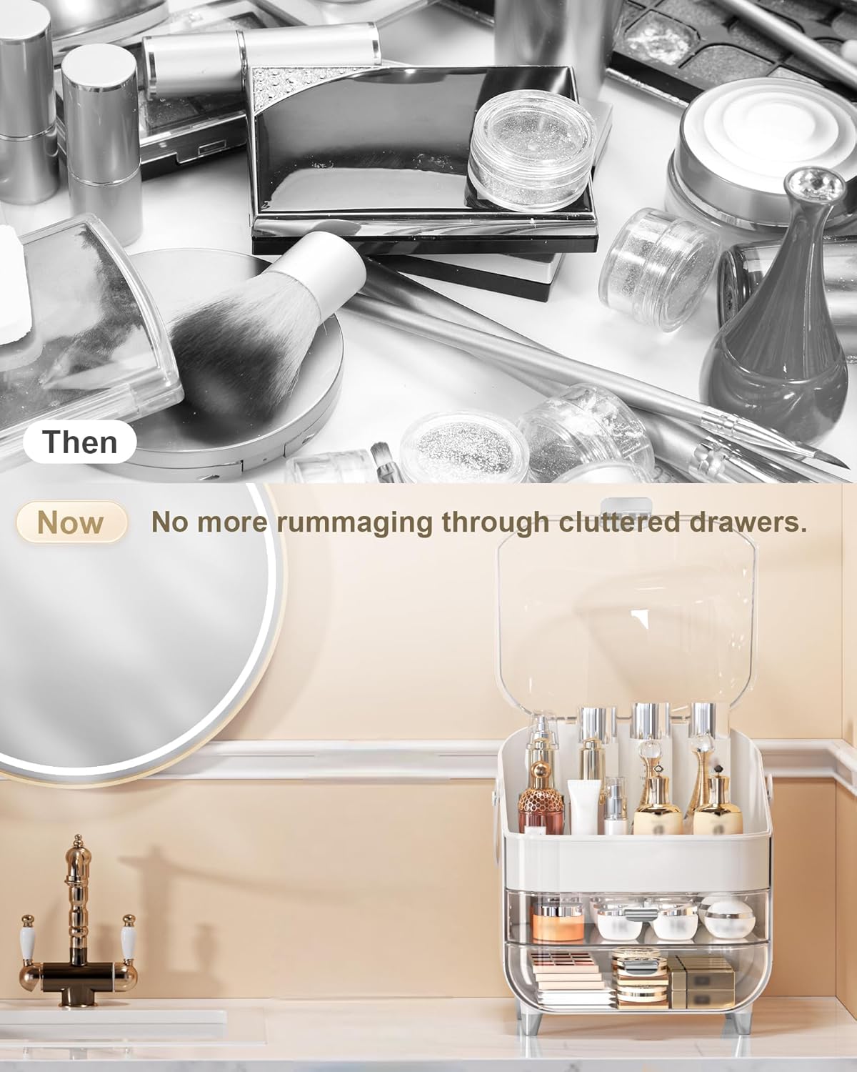 Makeup Organizer Countertop, Skincare Holder Bathroom Counter Organizer, Storage Box Cosmetic Display Cases, Teen Girl Gifts Make up Organizers for Vanity, Dresser (Sliver)