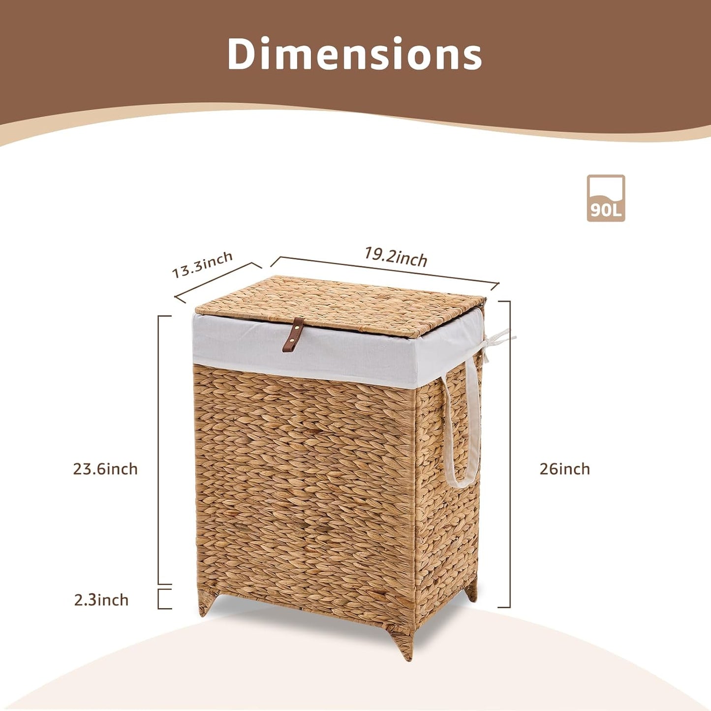 Laundry Hamper with Lid and Removable Liner Bag, Handwoven Natural Hyacinth Clothes Hamper with Heightened Feet, Wicker Laundry Basket for Clothes and Towels，Middle