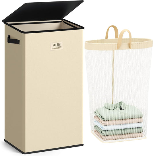 SOLEDI Laundry Hamper with Lid 100L Large & Tall Collapsible Laundry Basket, Clothes Hamper with Bag Removable Easy to Carry, Dirty Hampers for Bedroom, Bathroom, Dorm, College, Beige