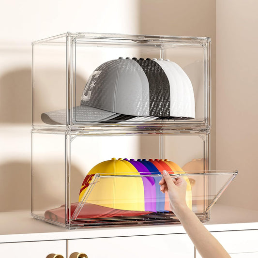 Hat Organizer Box, 2 Pack Hat Storage for Baseball Caps, Stackable Cap Hat Container Holder Rack with Magnetic Lids, Dustproof and Waterproof Acrylic Dispaly Case