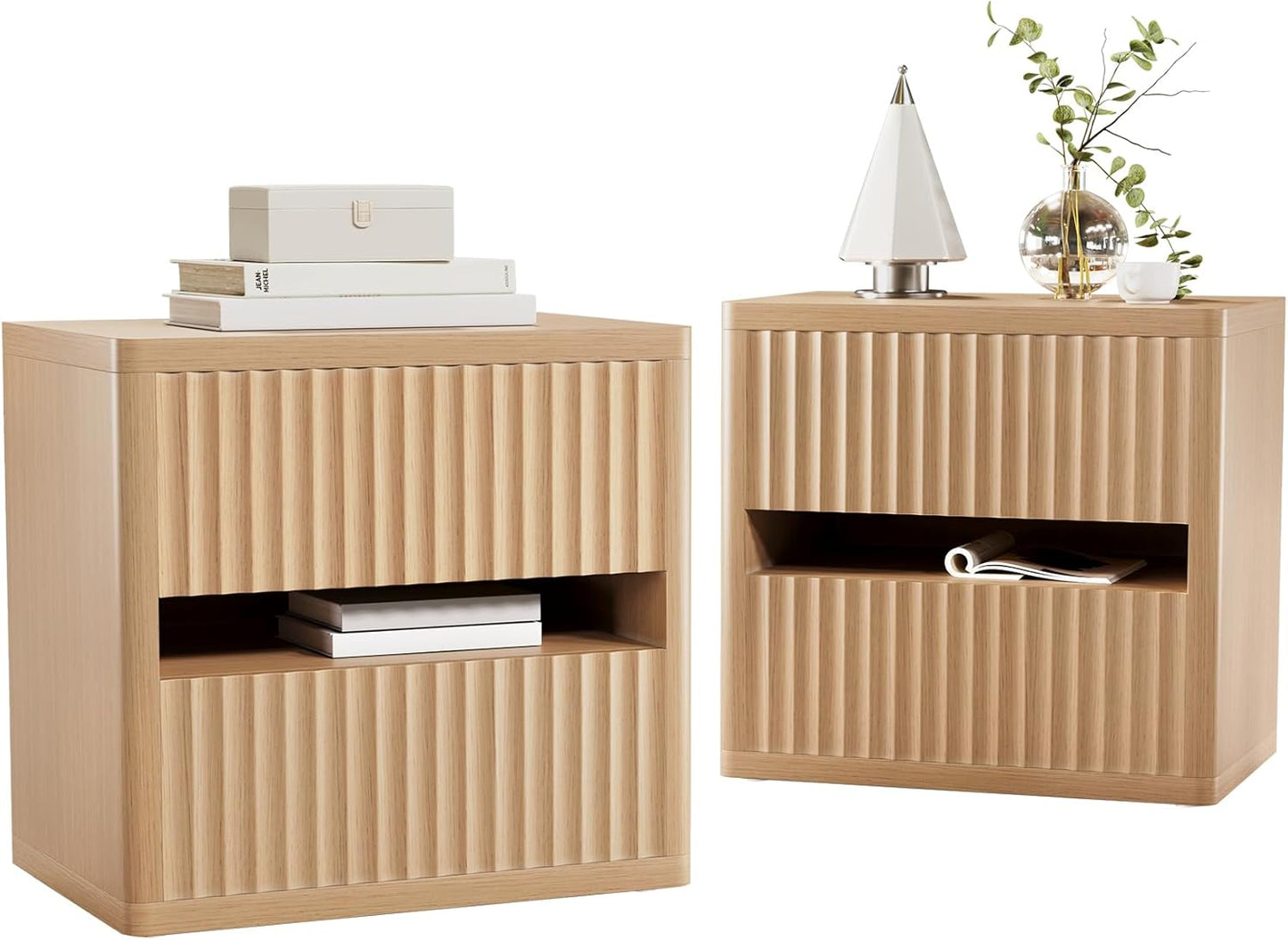 Dripex Fluted Nightstand Set of 2 with Drawers Storage, Large Wide Wood Night Stand Bedside Tables for Bedroom, Mid-Century Modern Bed Side Table, End Tables for Living Room Sofa Couch, Natural Oak