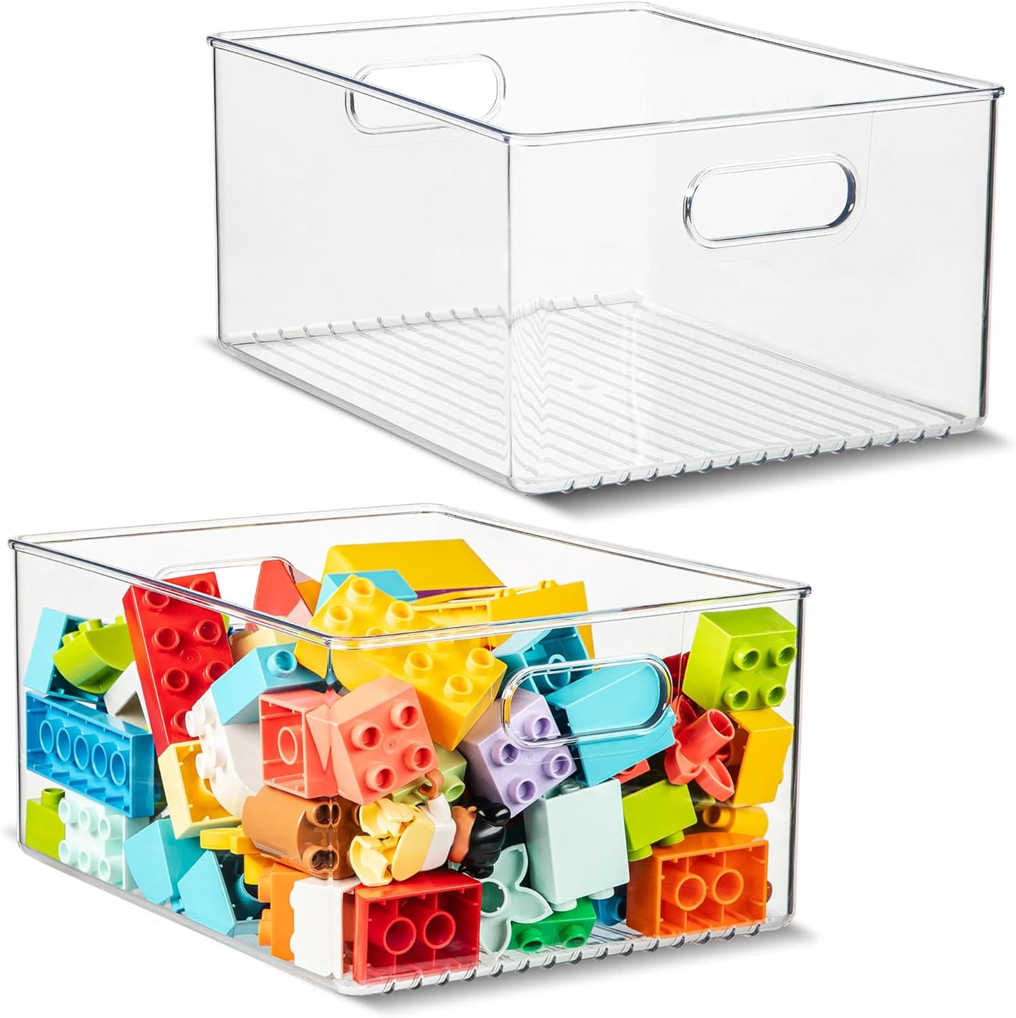 primebox Plastic Food Storage 2 Pack Clear Container Bin with Handles for Organizing Kitchen, Pantry, Refrigerator, Freezer, Pantry, Cabinet, Closet, Bathroom 10”x8”x5”